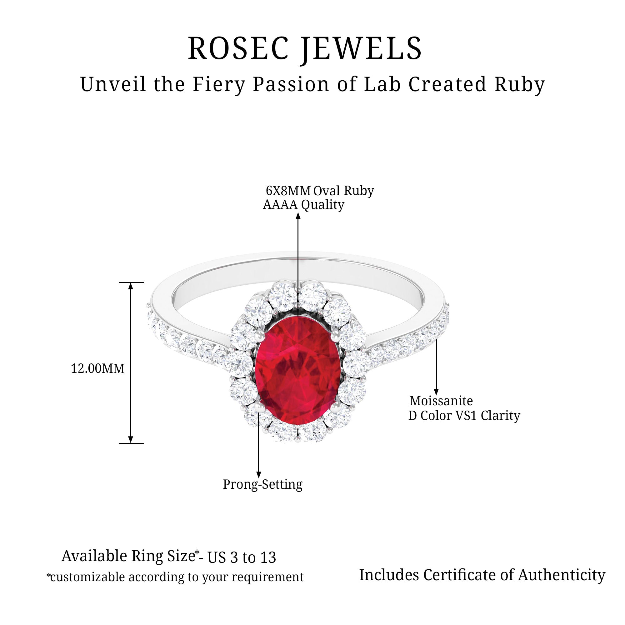 Rosec Jewels-2.75 CT Oval Cut Created Ruby Ring with Moissanite Halo