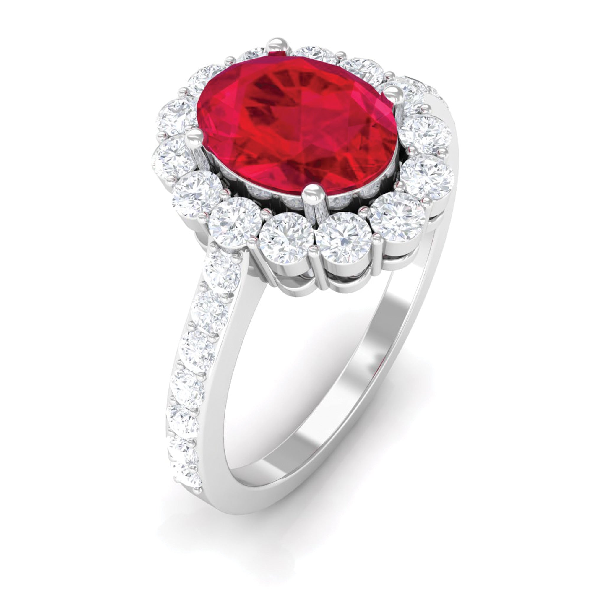 Rosec Jewels-2.75 CT Oval Cut Created Ruby Ring with Moissanite Halo