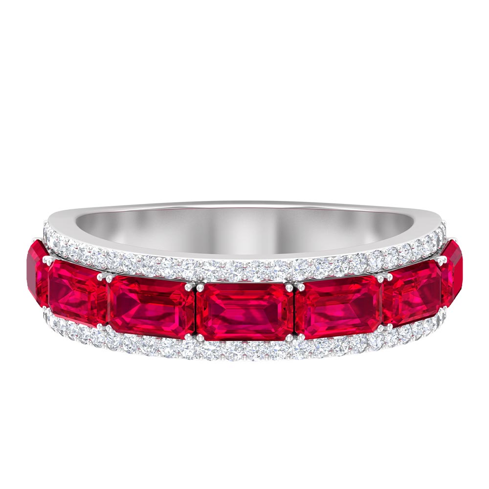 Rosec Jewels-Emerald Cut Created Ruby and Diamond Half Eternity Band