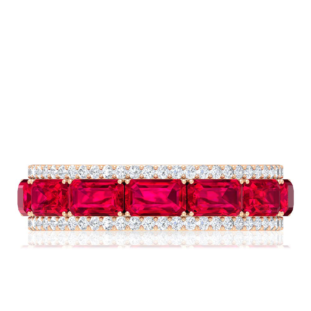 Rosec Jewels-Emerald Cut Created Ruby and Diamond Half Eternity Band