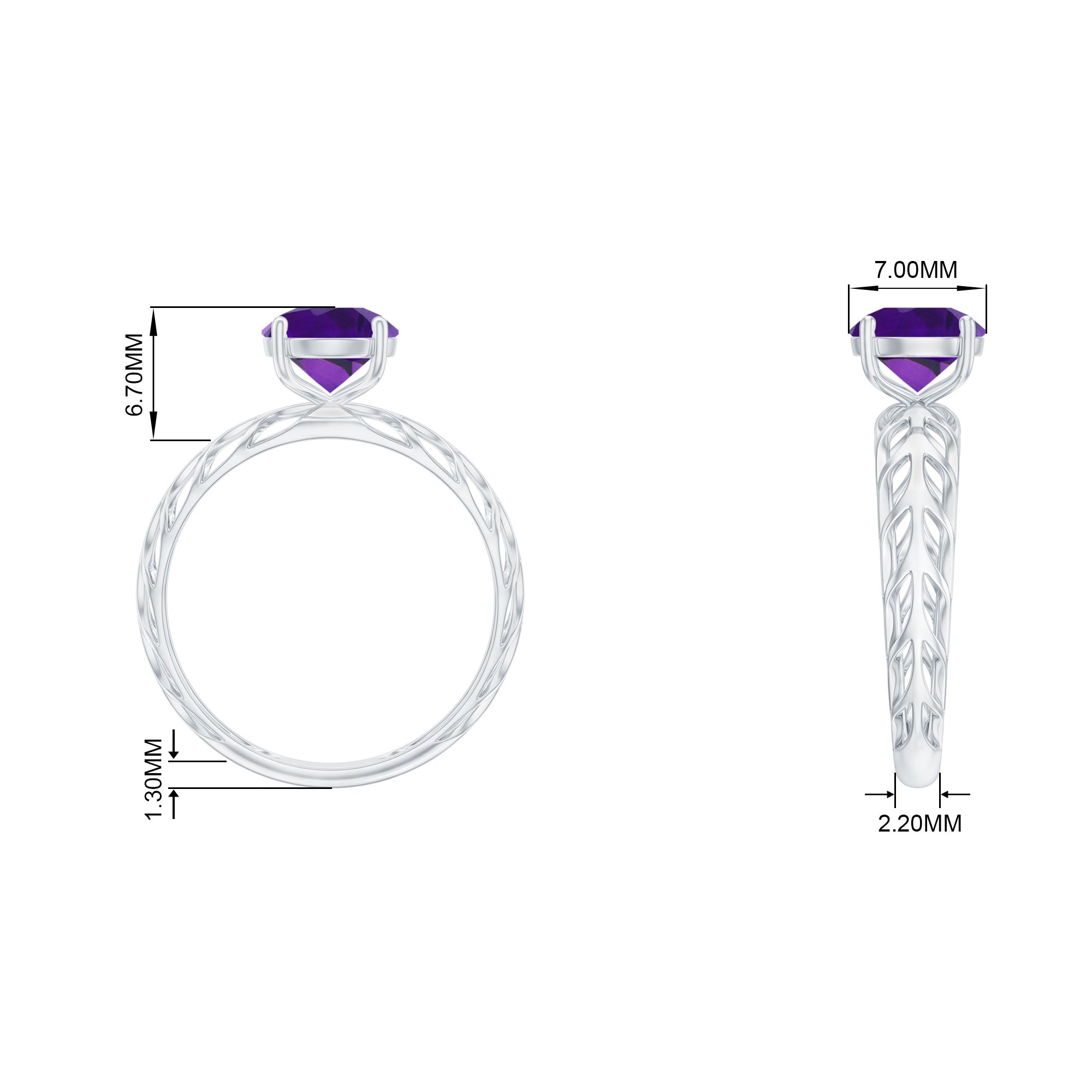 Rosec Jewels-7 MM Round Amethyst Solitaire Engagement Ring with Gold Filigree Details