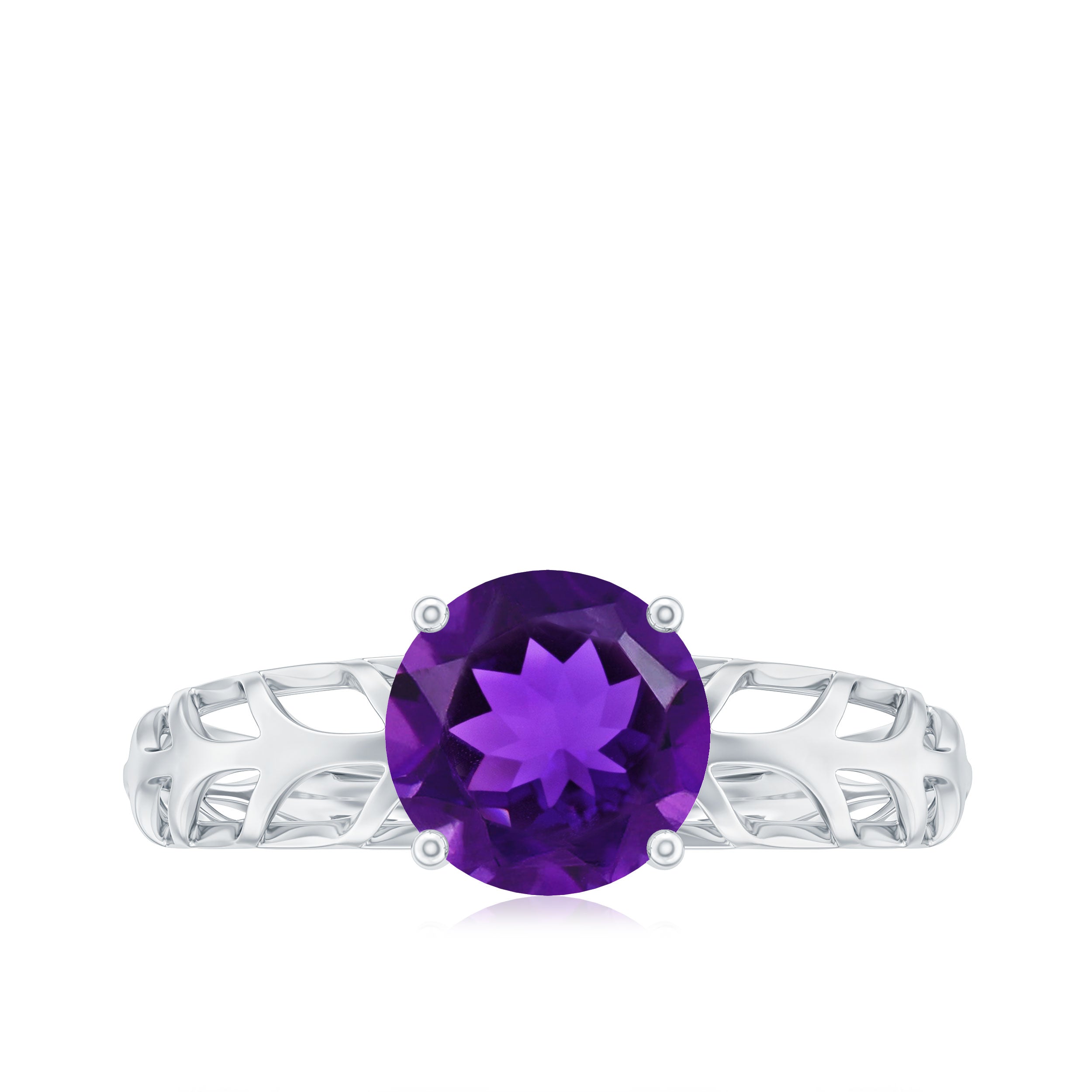 Rosec Jewels-7 MM Round Amethyst Solitaire Engagement Ring with Gold Filigree Details