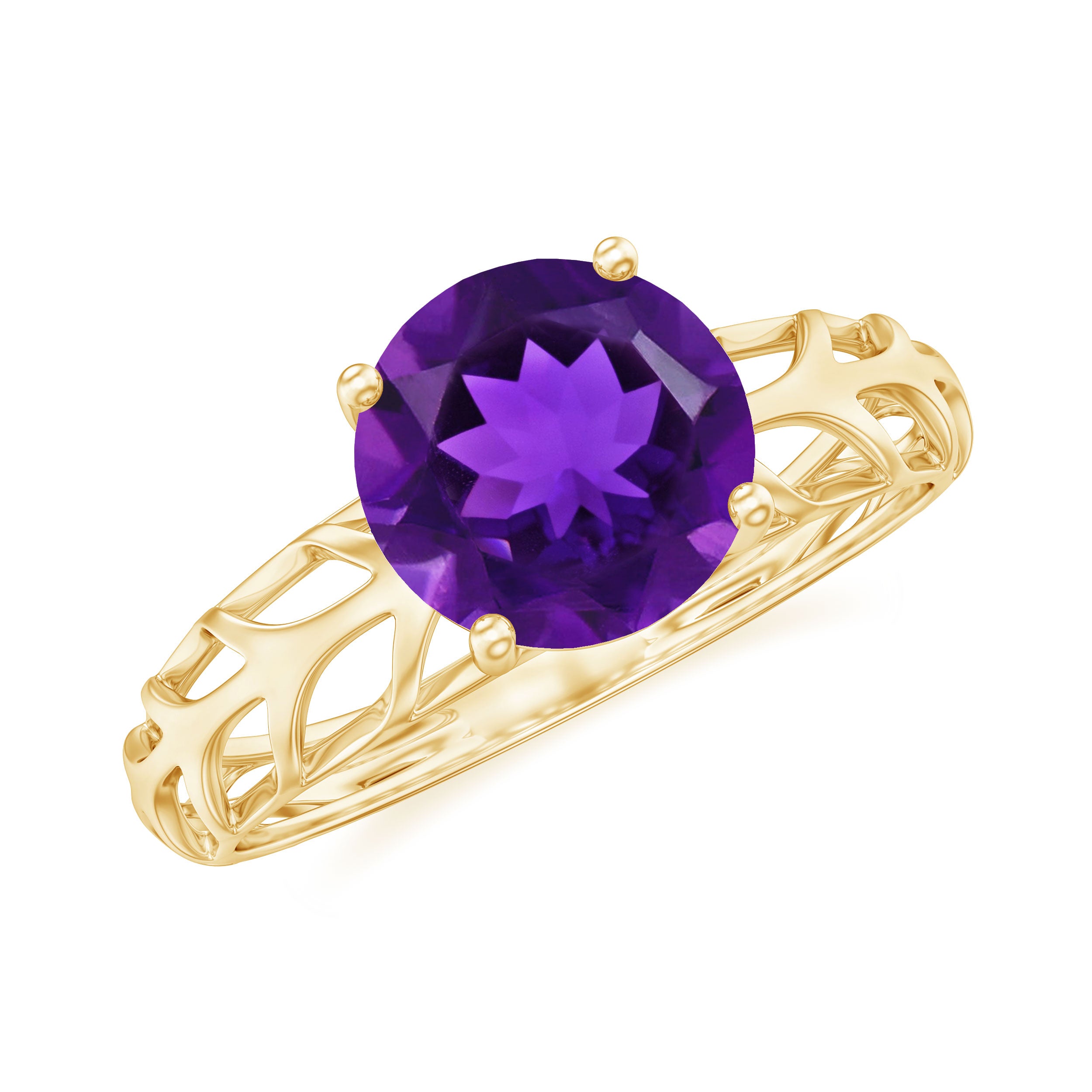 Rosec Jewels-7 MM Round Amethyst Solitaire Engagement Ring with Gold Filigree Details