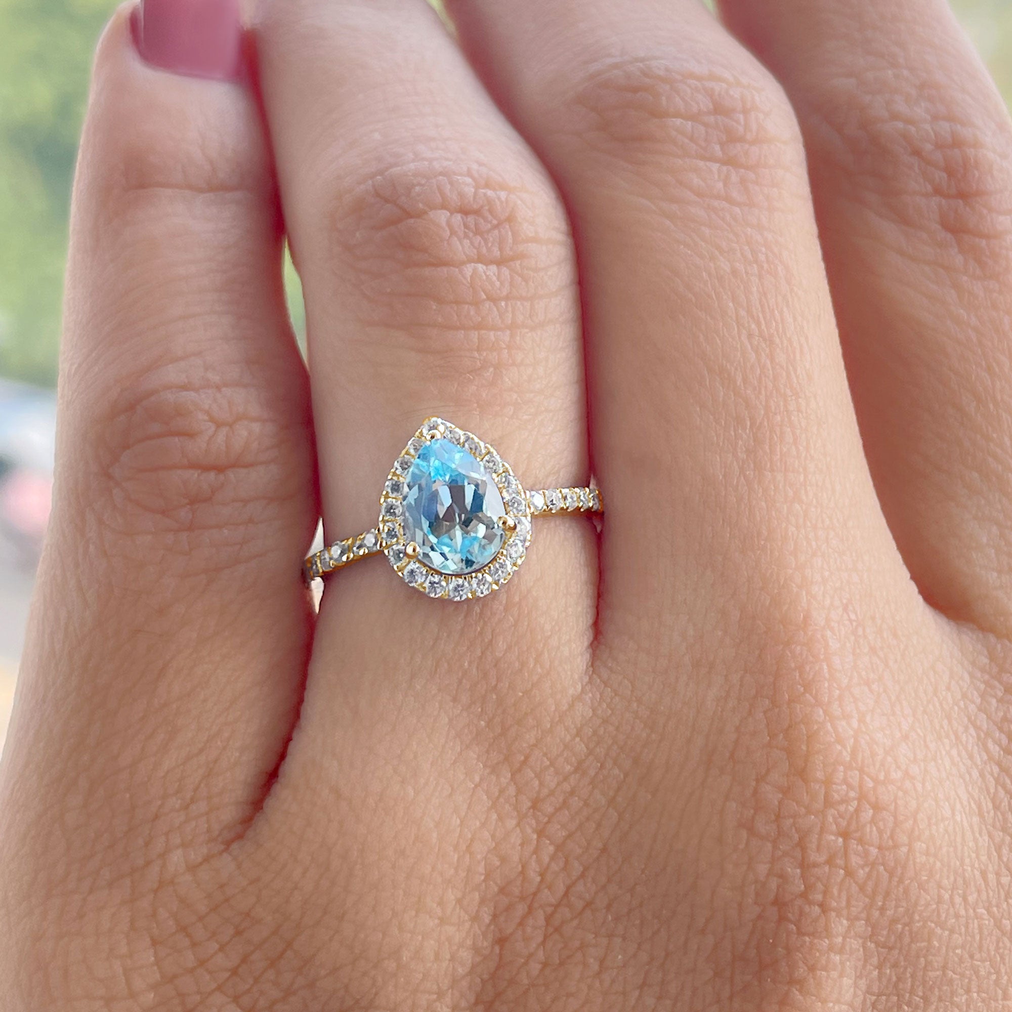 Rosec Jewels-1.5 CT Sky Blue Topaz Teardrop Engagement Ring with Diamond Halo