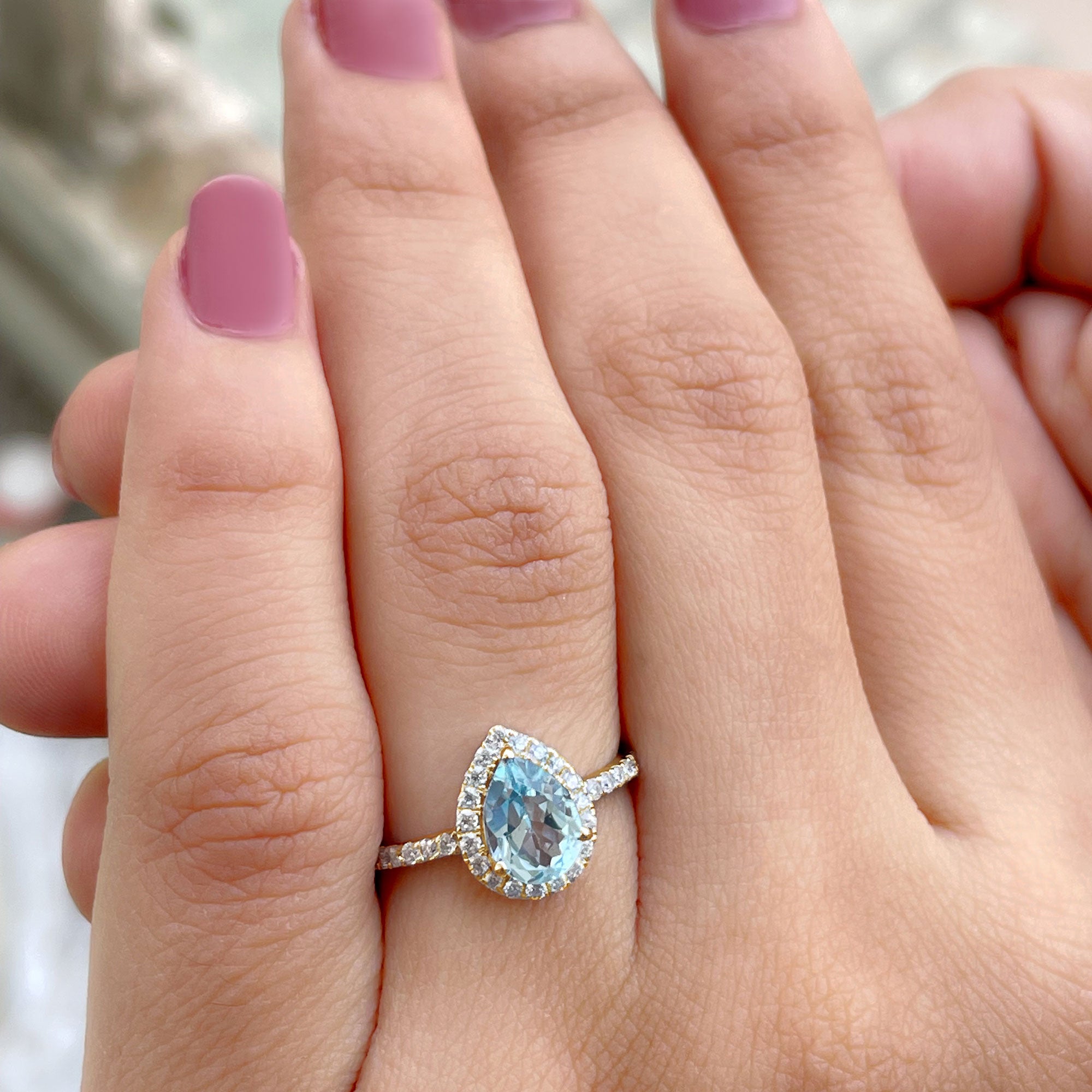 Rosec Jewels-1.5 CT Sky Blue Topaz Teardrop Engagement Ring with Diamond Halo