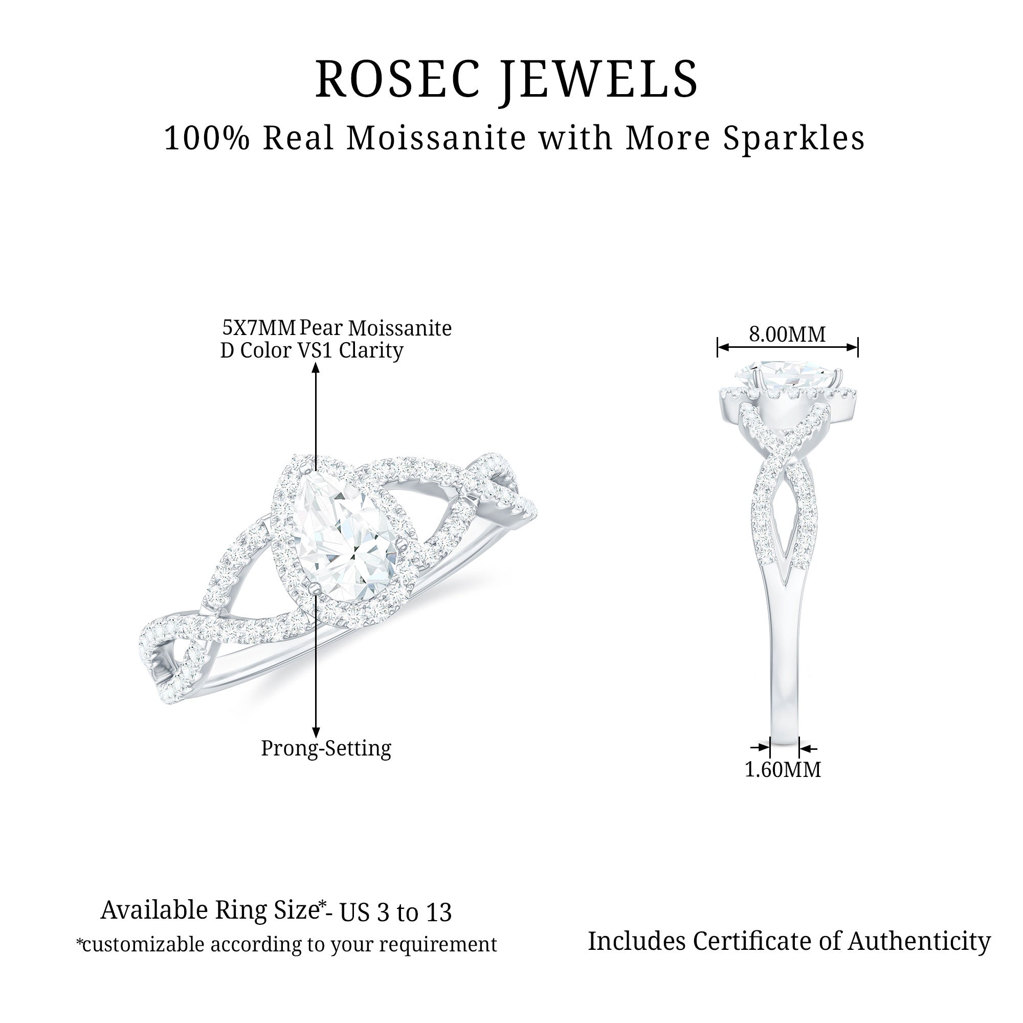 Rosec Jewels-Pear Shaped Moissanite Crossover Engagement Ring in Gold