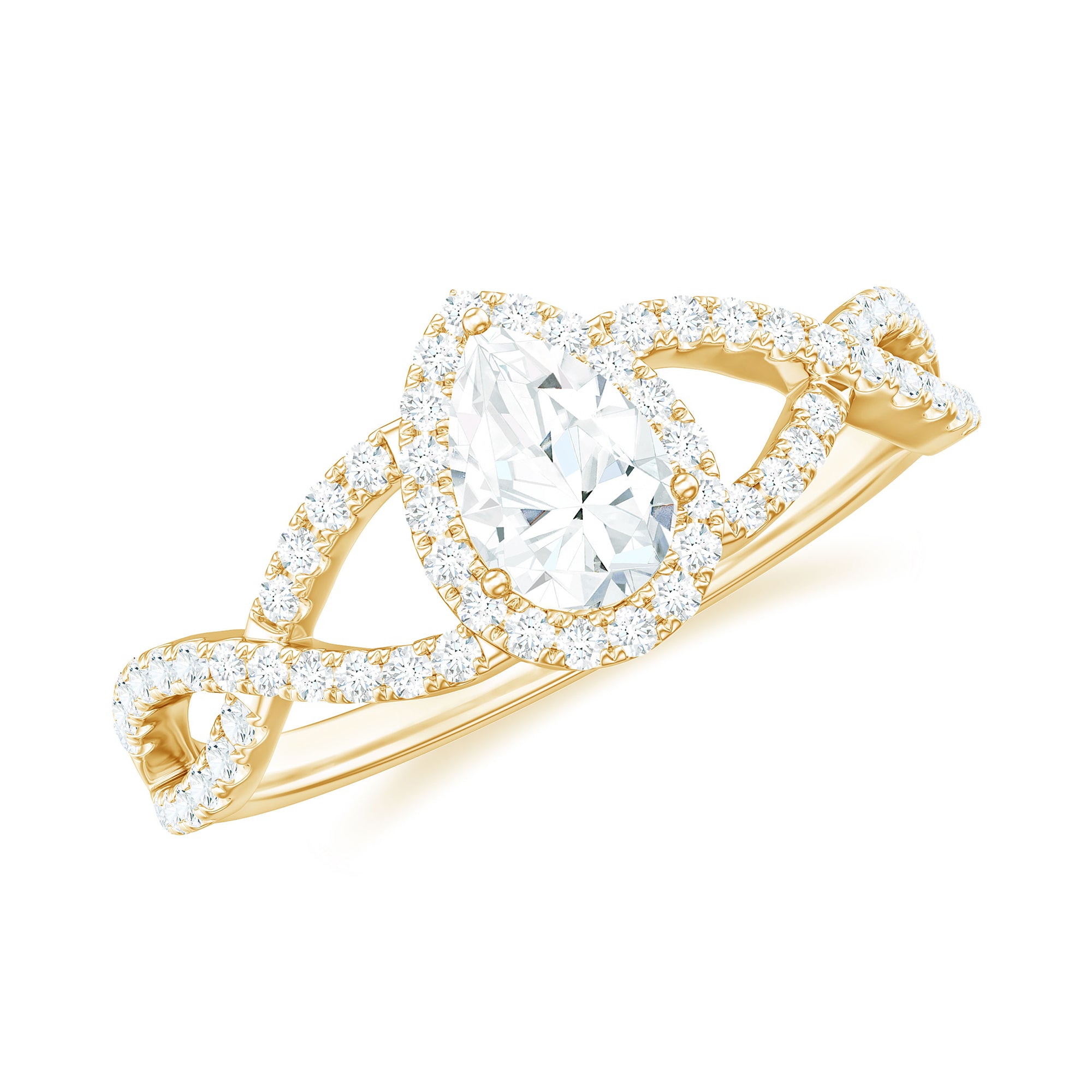 Rosec Jewels-Pear Shaped Moissanite Crossover Engagement Ring in Gold