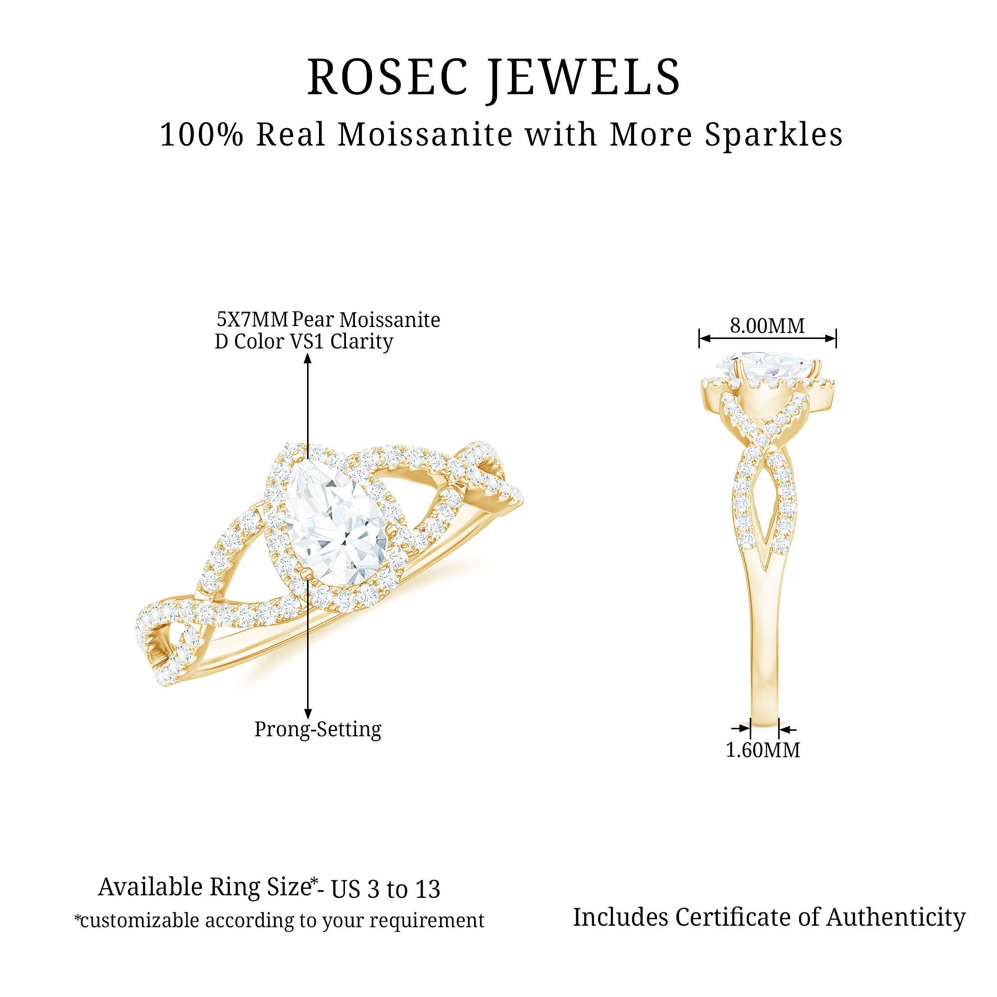 Rosec Jewels-Pear Shaped Moissanite Crossover Engagement Ring in Gold