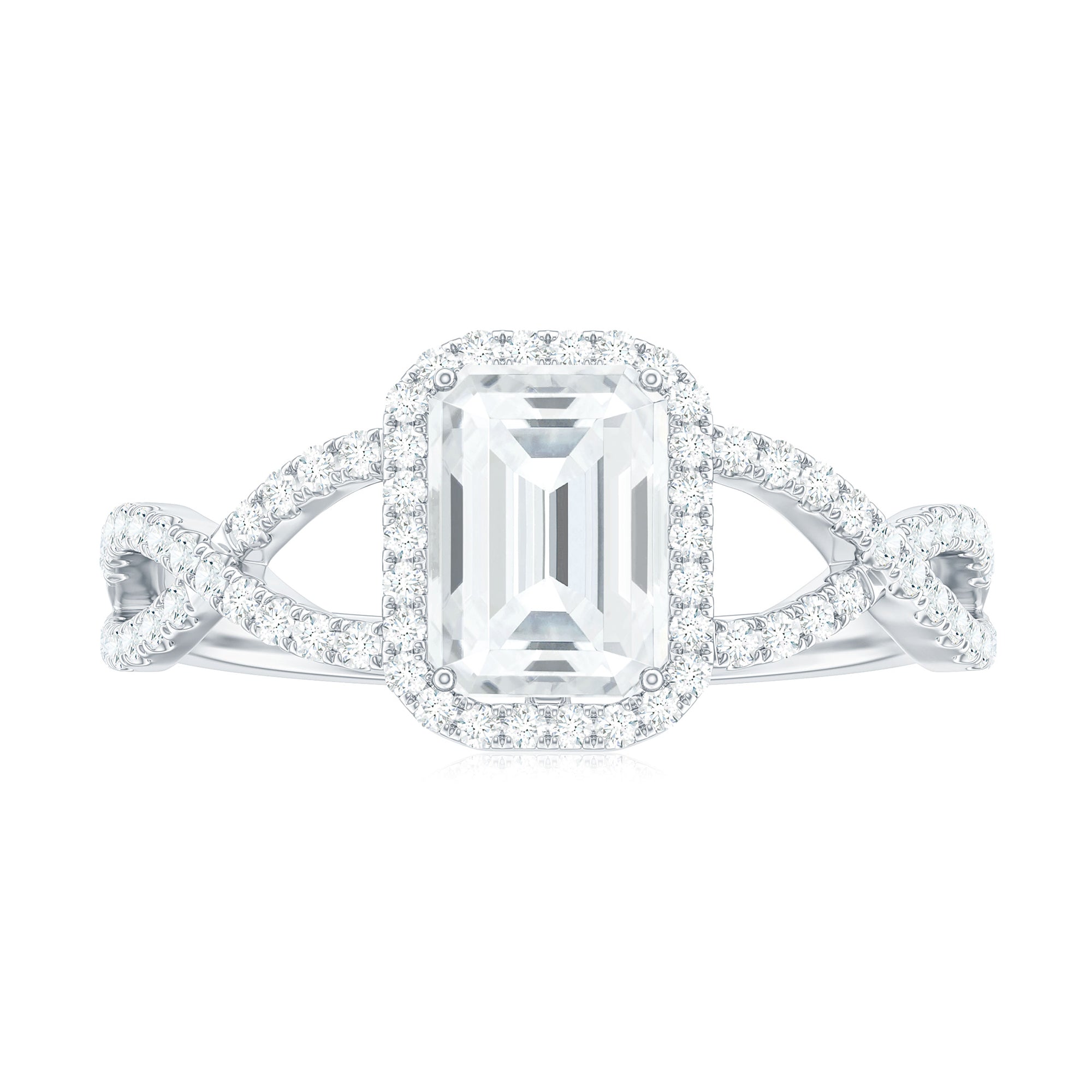 Rosec Jewels-Emerald Cut Moissanite Crossover Engagement Ring in Gold