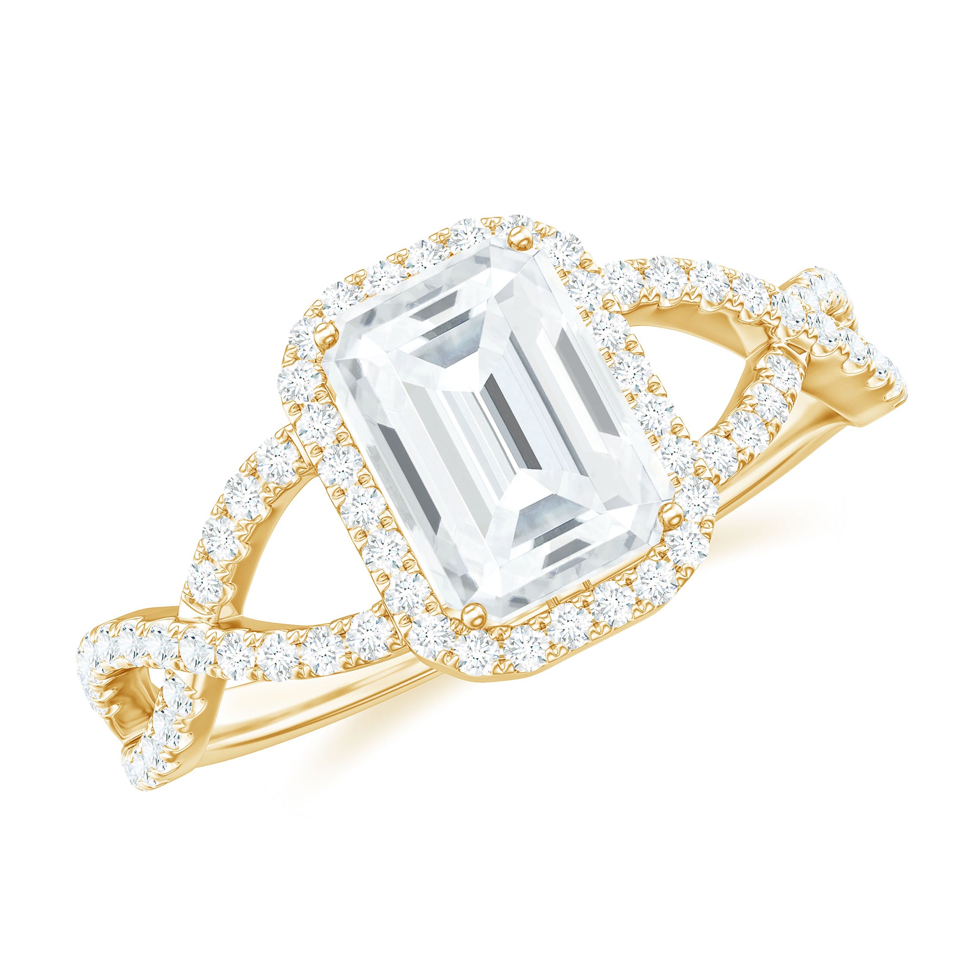 Rosec Jewels-Emerald Cut Moissanite Crossover Engagement Ring in Gold