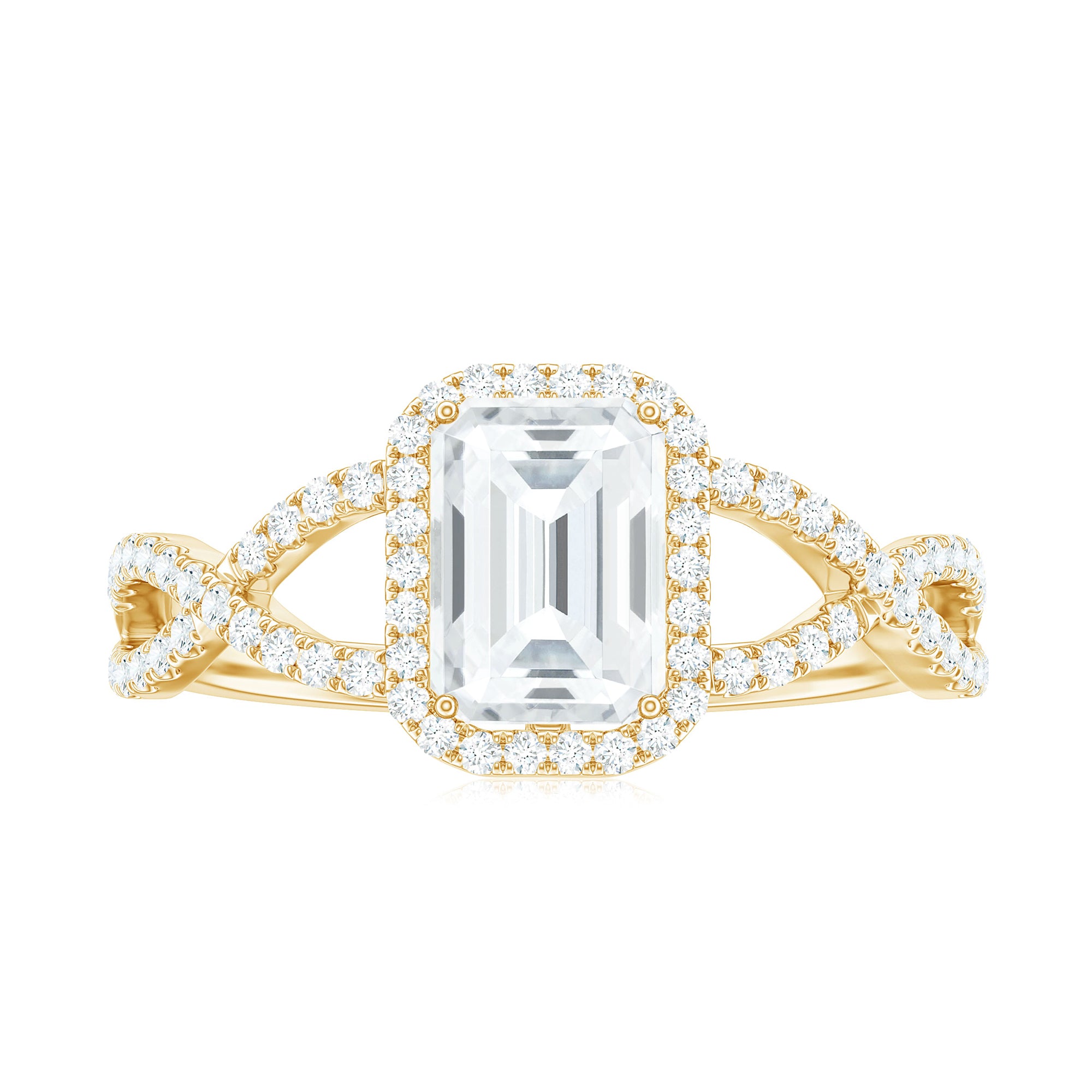 Rosec Jewels-Emerald Cut Moissanite Crossover Engagement Ring in Gold