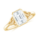 Rosec Jewels-Emerald Cut Moissanite Solitaire Celtic Knot Ring in Bezel Setting