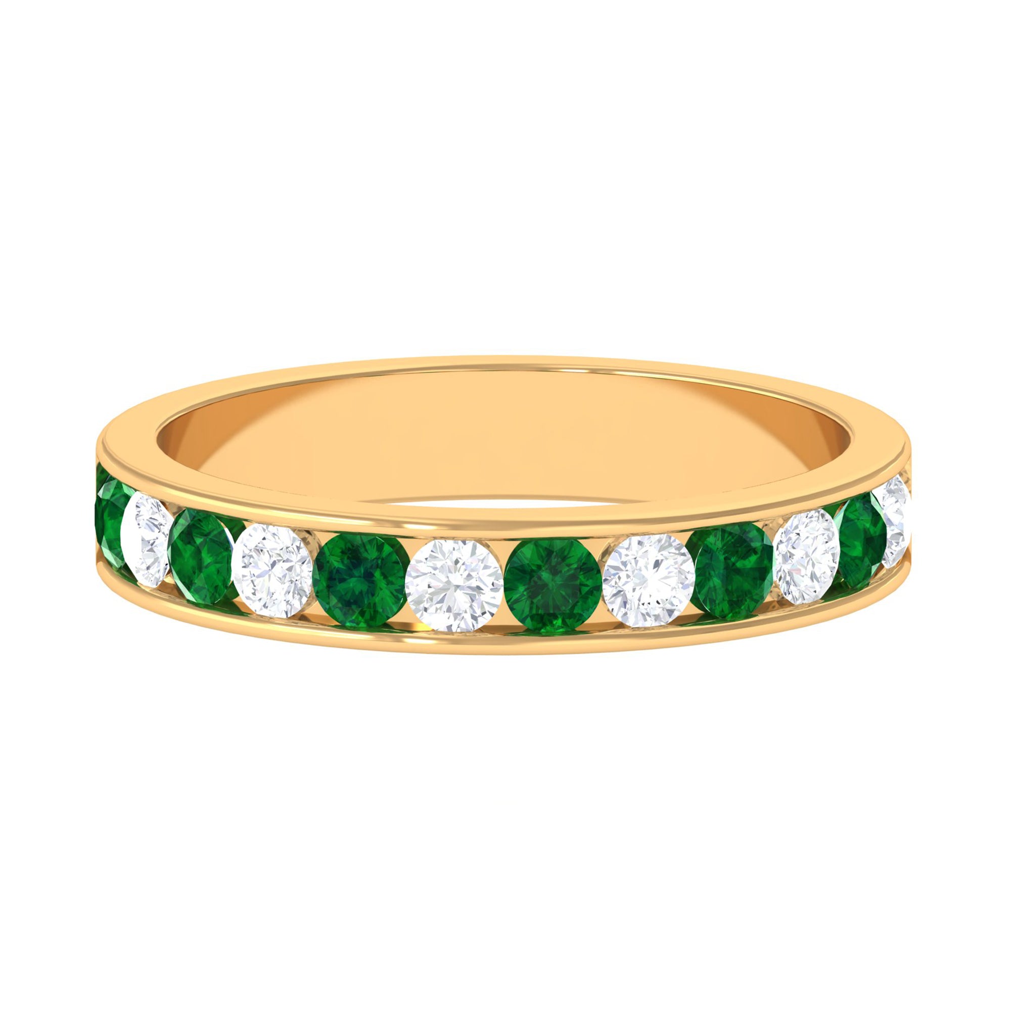 Rosec Jewels-Channel Set Semi Eternity Band with Lab Emerald and Moissanite