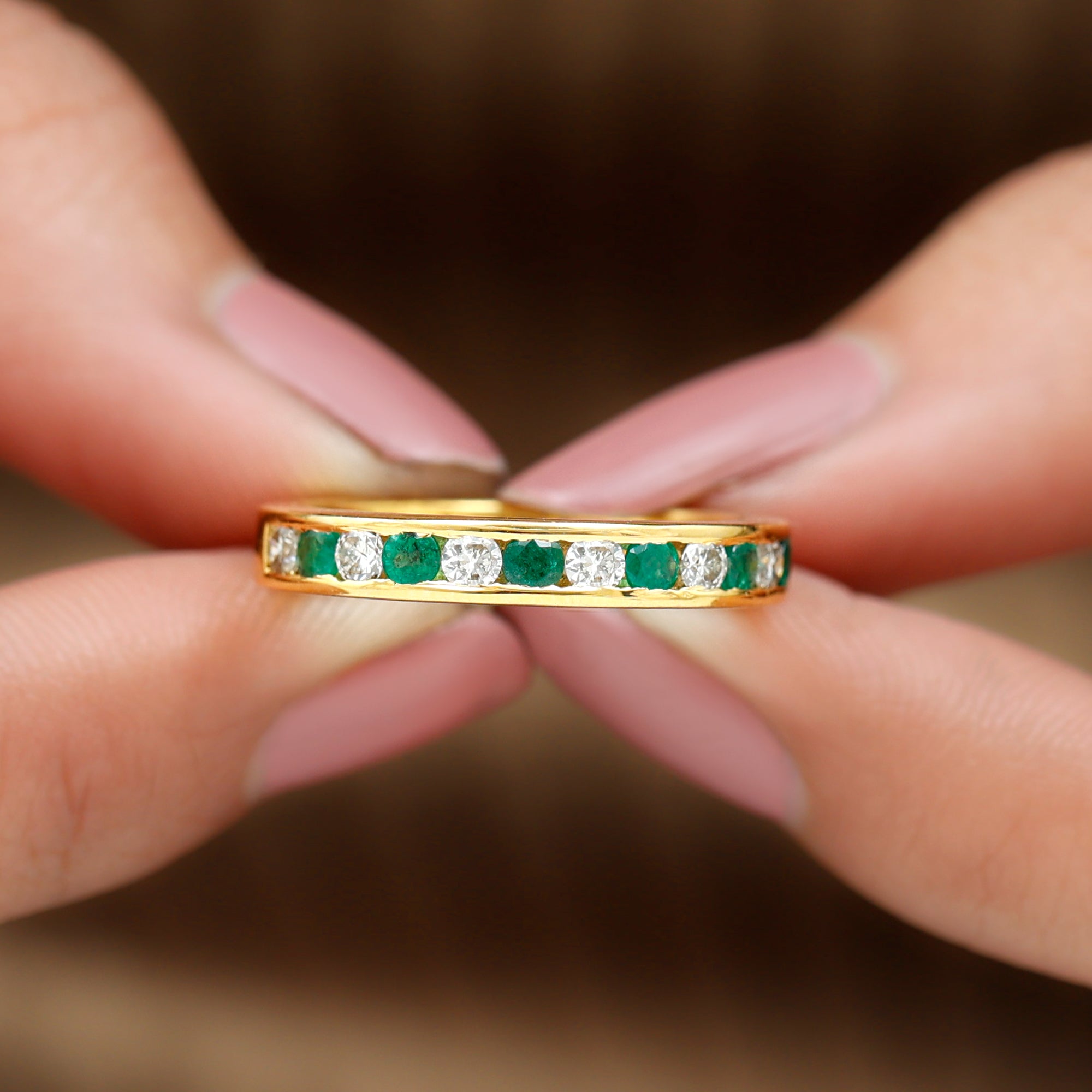 Rosec Jewels-Channel Set Semi Eternity Band with Lab Emerald and Moissanite