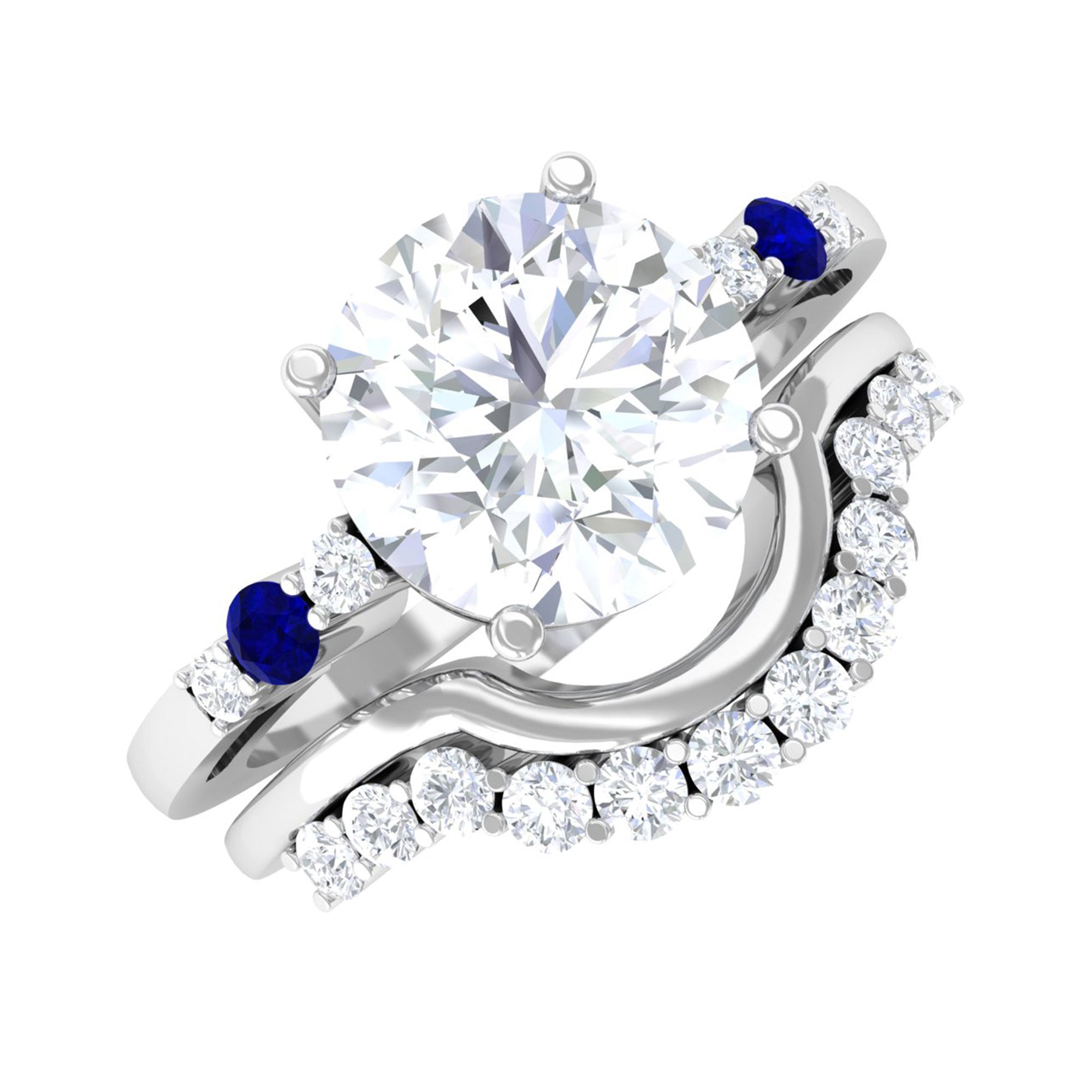 Rosec Jewels-Designer Moissanite Rings Set of 2 with Sapphire