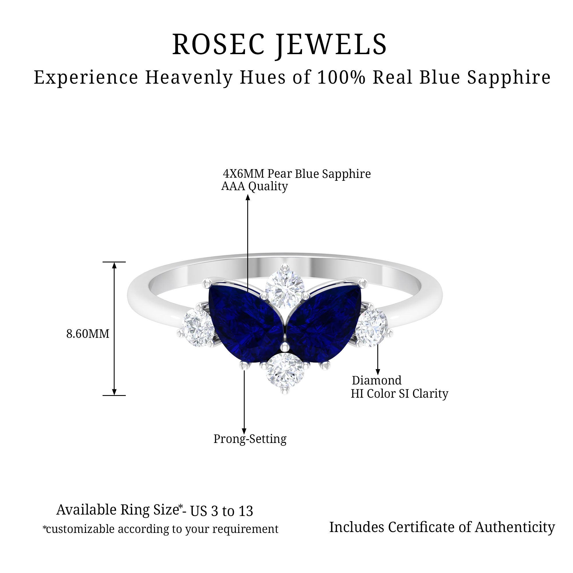 Rosec Jewels-Pear Shape Blue Sapphire and Diamond Cluster Promise Ring