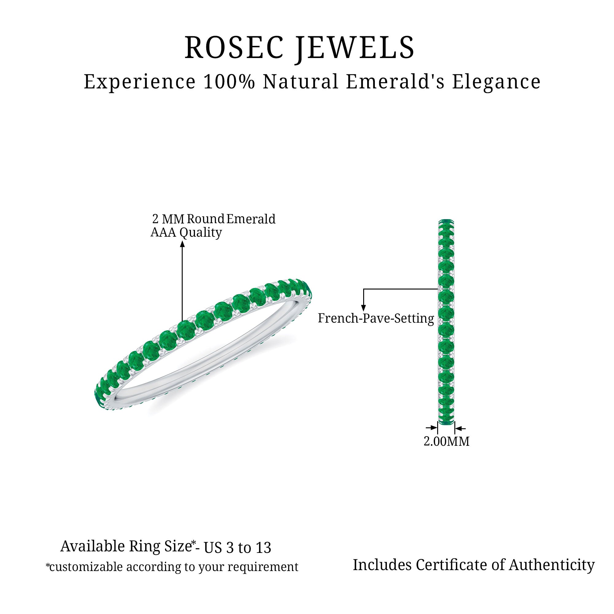 Rosec Jewels-0.50 CT Round Cut Emerald Full Eternity Stackable Ring