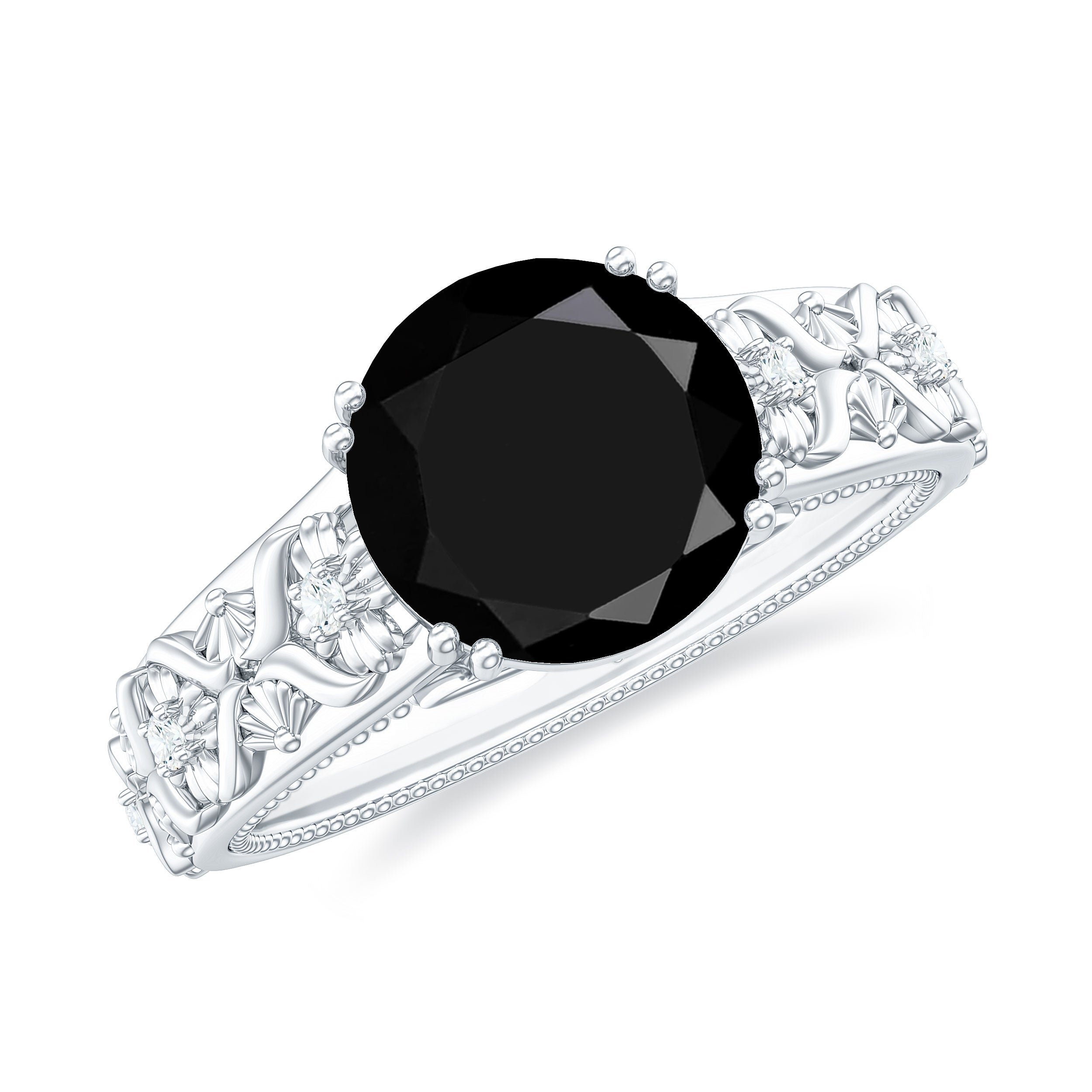 Rosec Jewels-Solitaire Black Spinel Flower Engagement Ring with Diamond