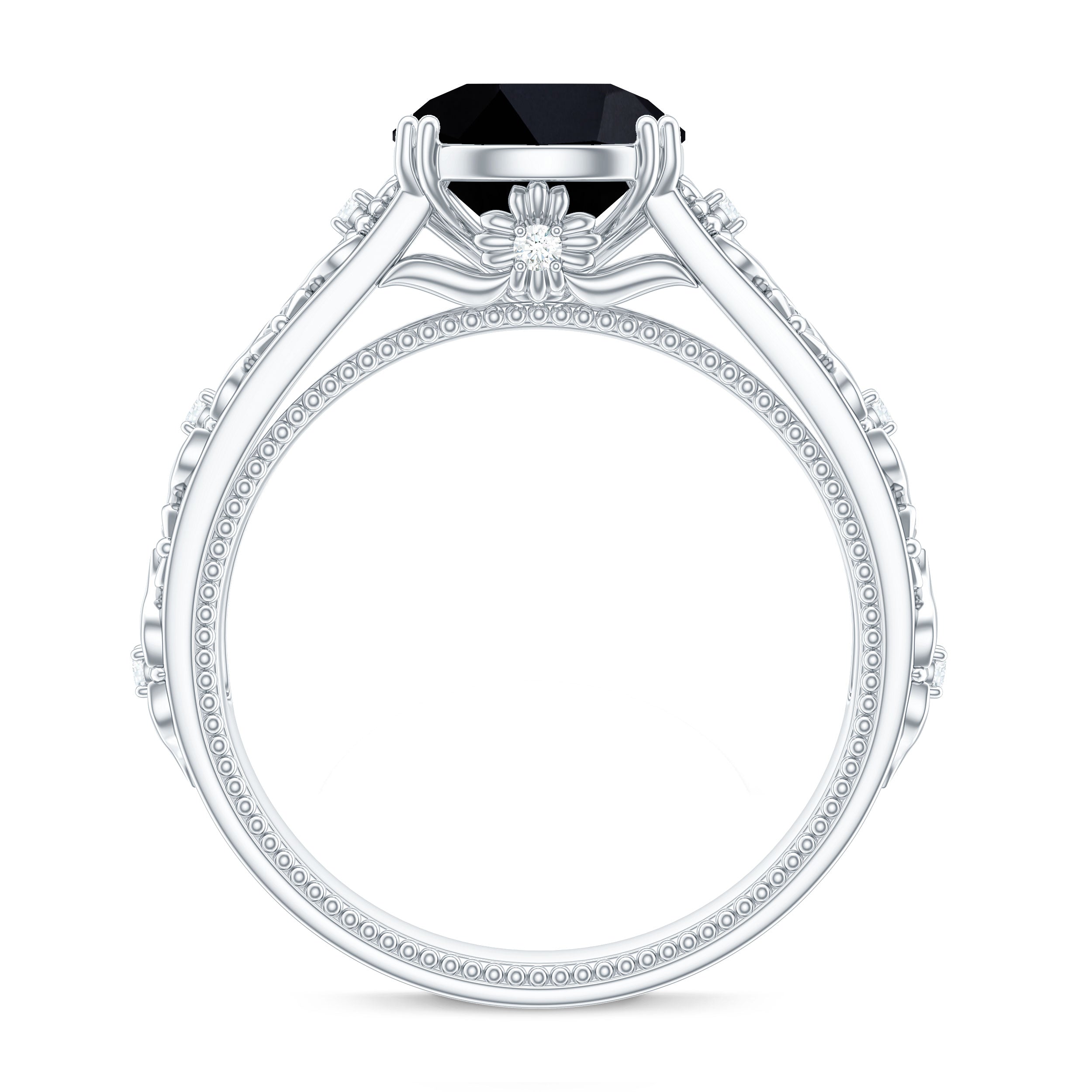 Rosec Jewels-Solitaire Black Spinel Flower Engagement Ring with Diamond