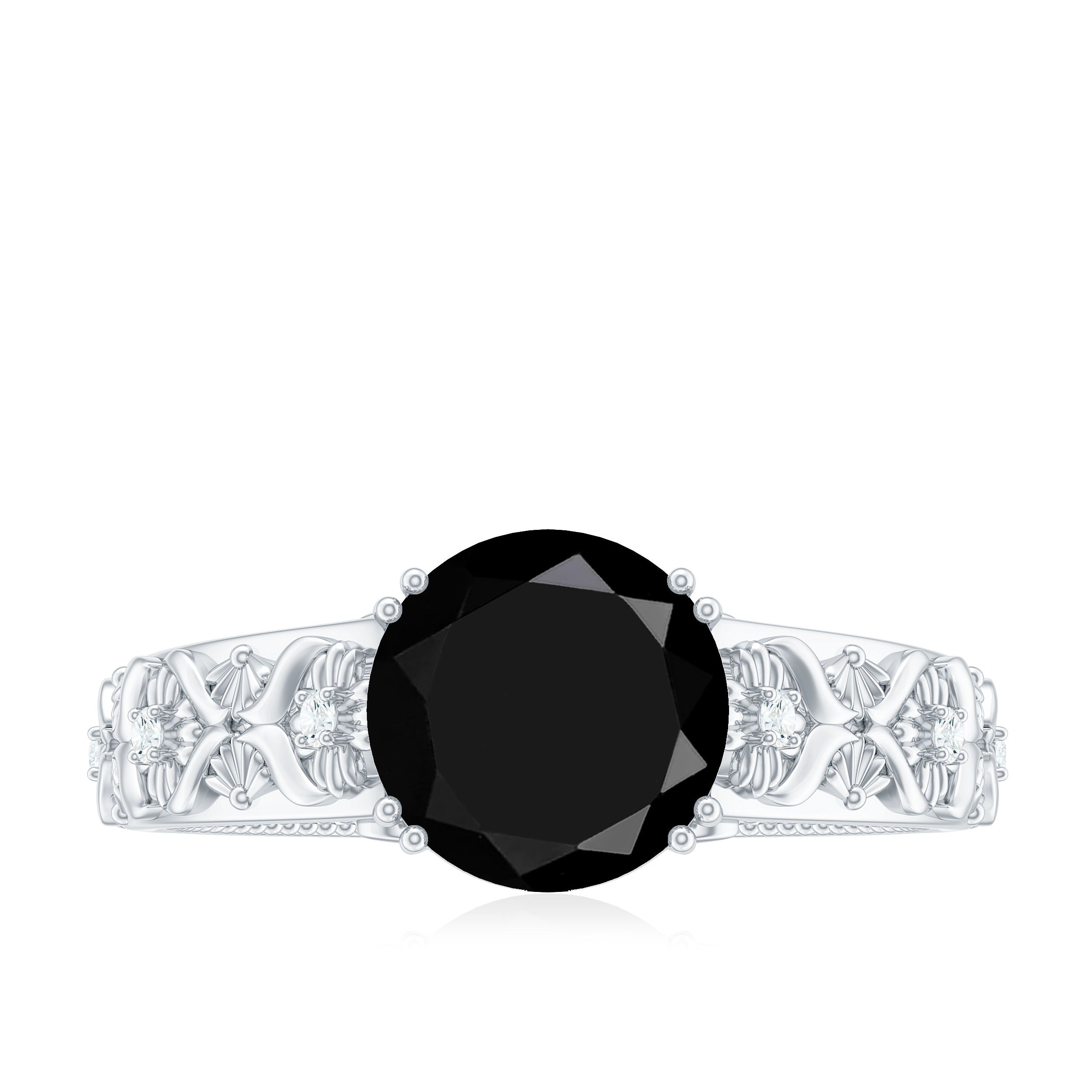 Rosec Jewels-Solitaire Black Spinel Flower Engagement Ring with Diamond