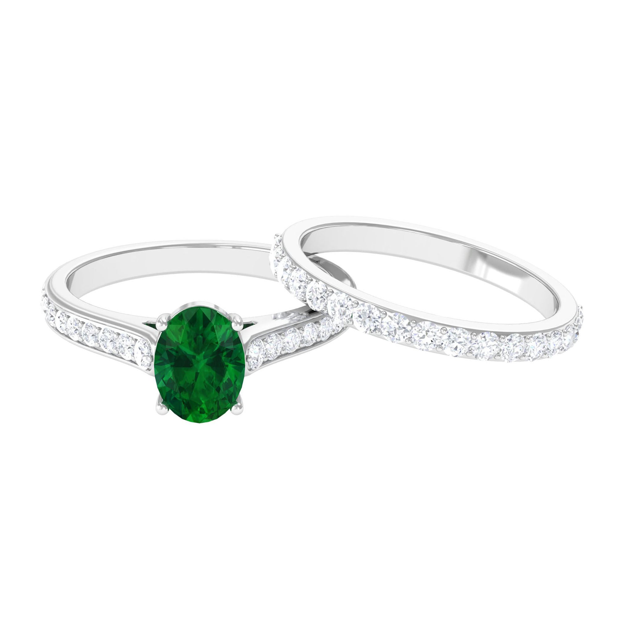 Rosec Jewels-Oval Shape Lab Grown Emerald and Moissanite Bridal Ring Set