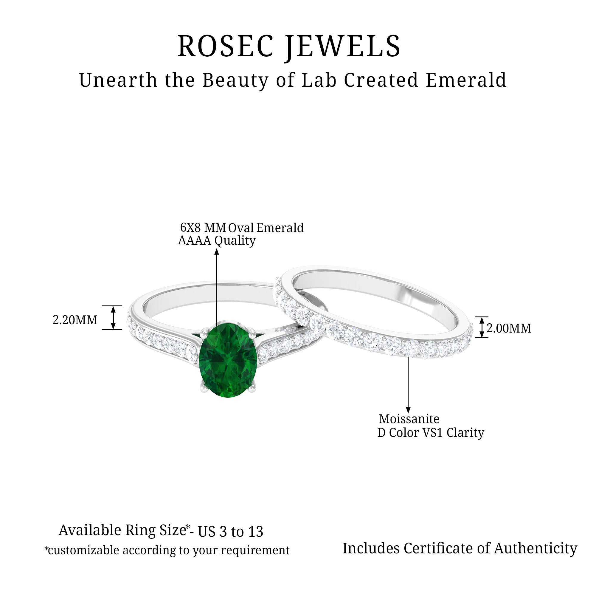 Rosec Jewels-Oval Shape Lab Grown Emerald and Moissanite Bridal Ring Set