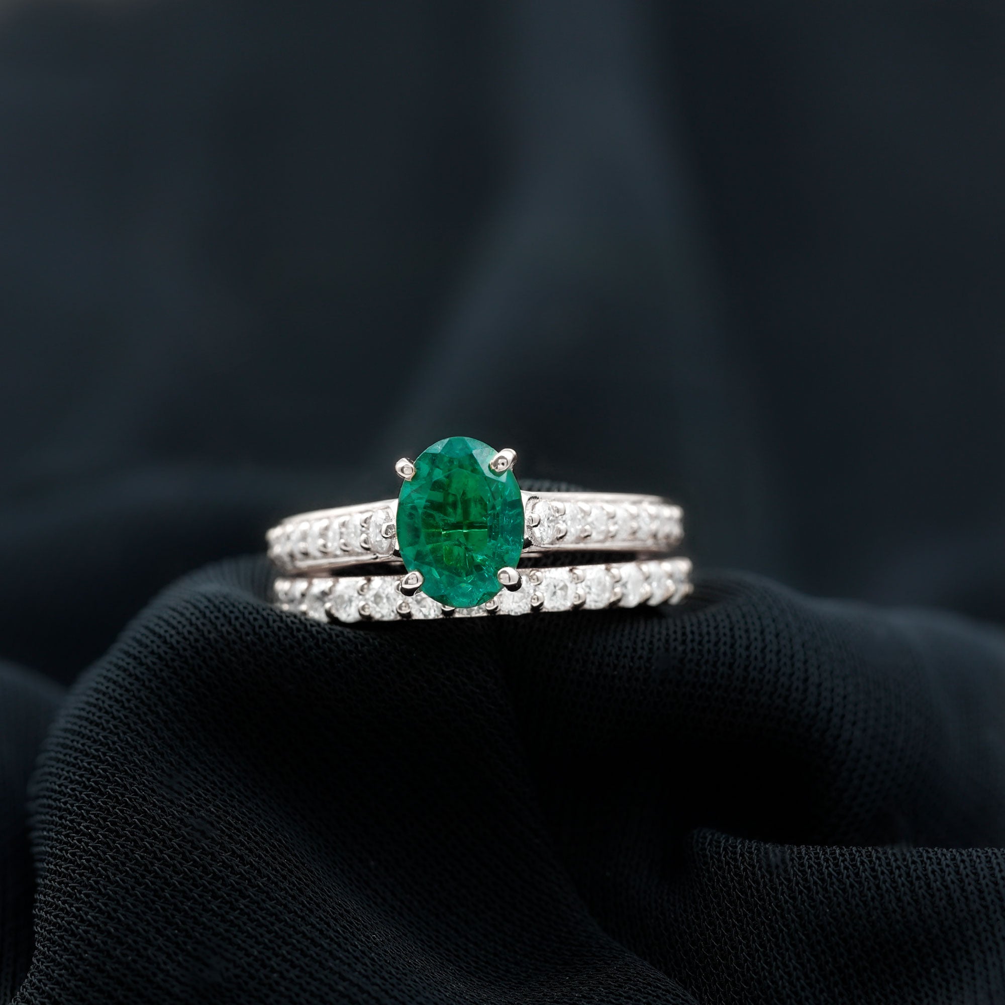 Rosec Jewels-Oval Shape Lab Grown Emerald and Moissanite Bridal Ring Set