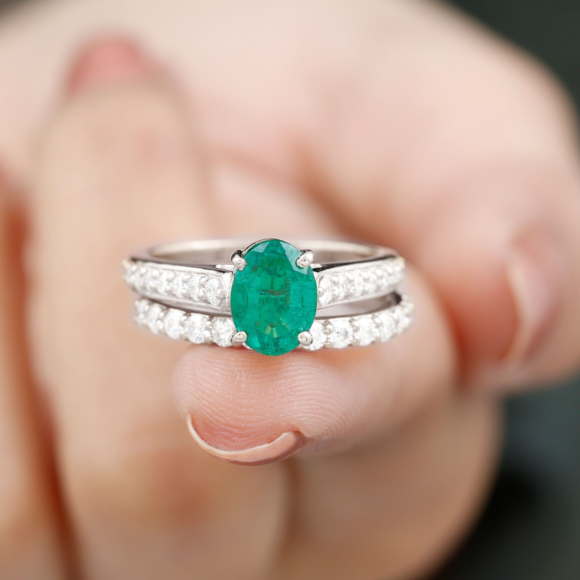 Rosec Jewels-Oval Shape Lab Grown Emerald and Moissanite Bridal Ring Set