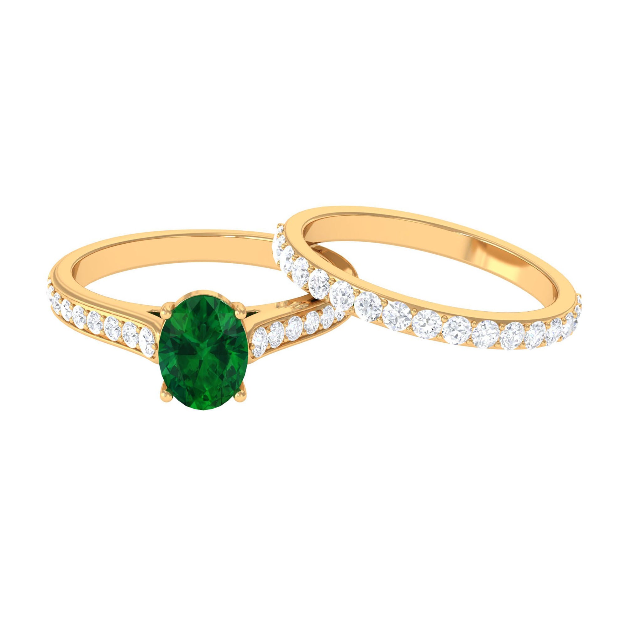 Rosec Jewels-Oval Shape Lab Grown Emerald and Moissanite Bridal Ring Set