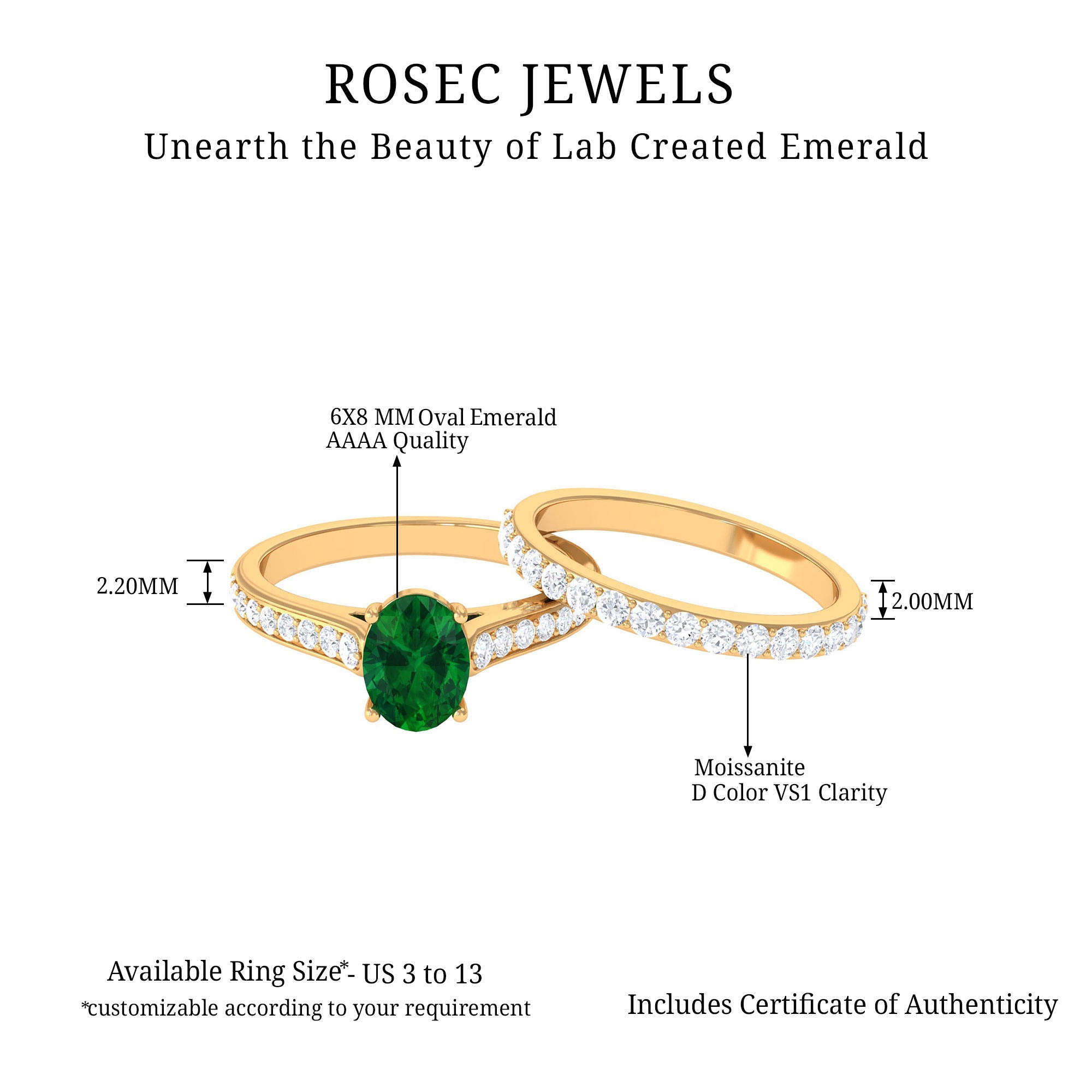 Rosec Jewels-Oval Shape Lab Grown Emerald and Moissanite Bridal Ring Set