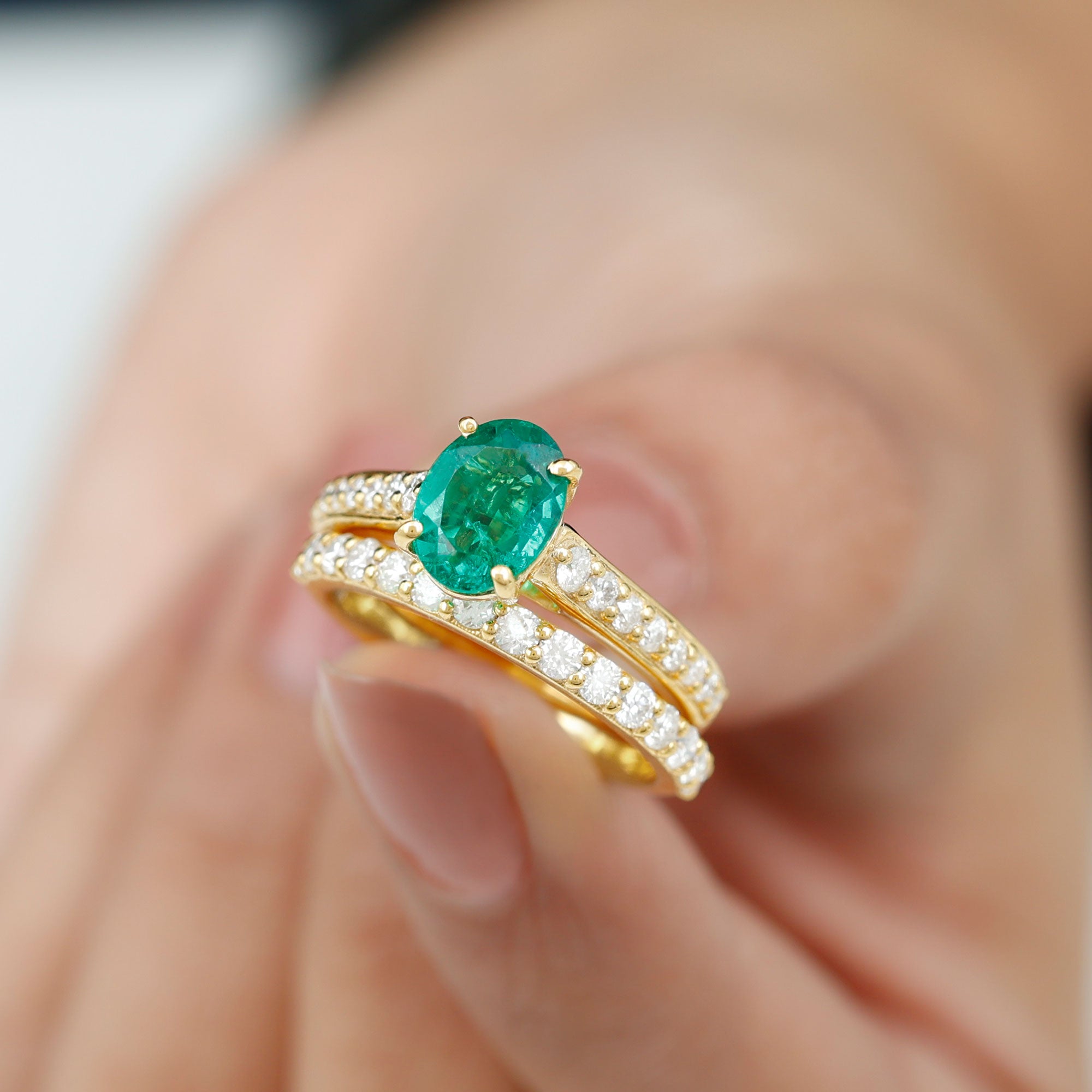 Rosec Jewels-Oval Shape Lab Grown Emerald and Moissanite Bridal Ring Set