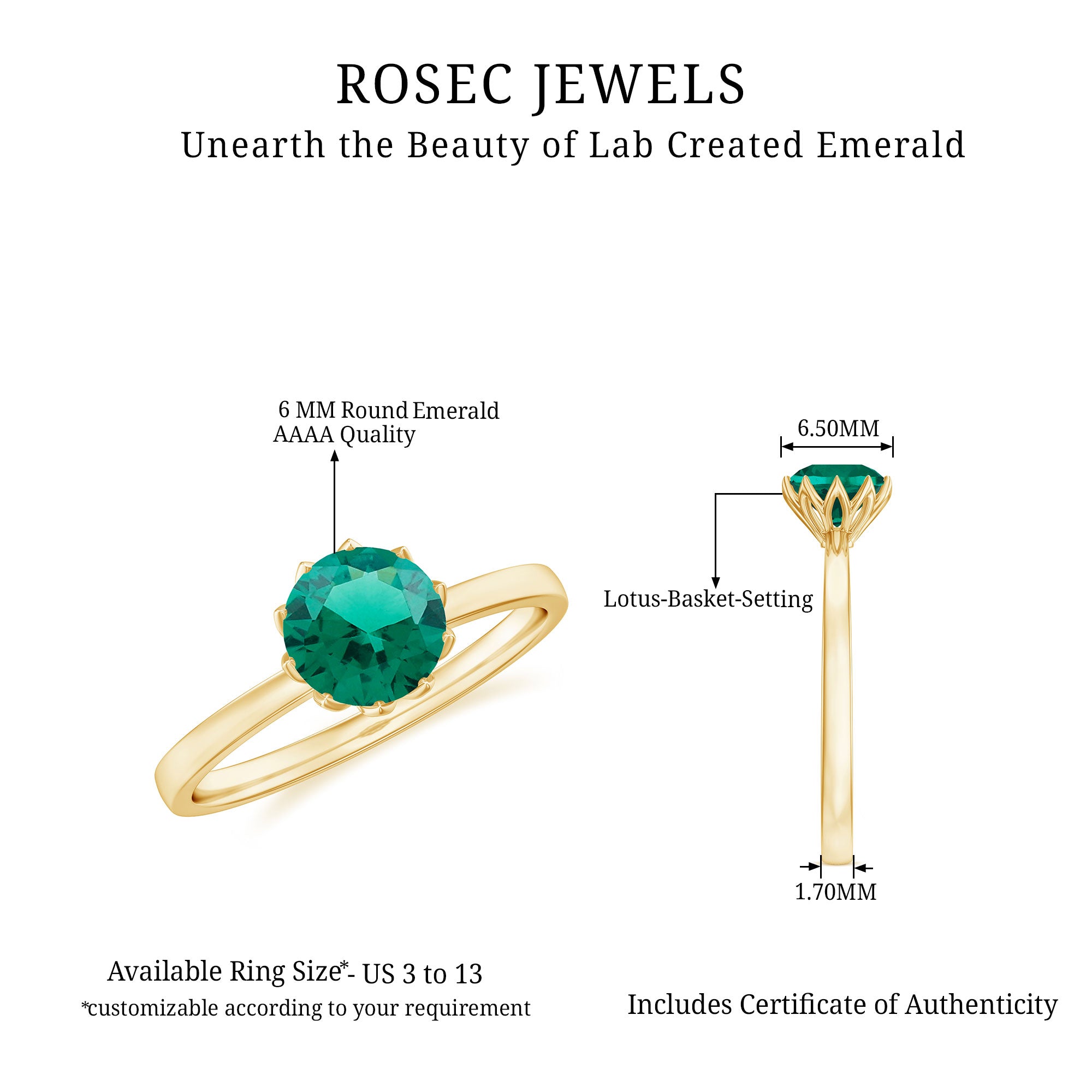 Rosec Jewels-6 MM Round Cut Lab Created Emerald Solitaire Ring in Lotus Basket Setting