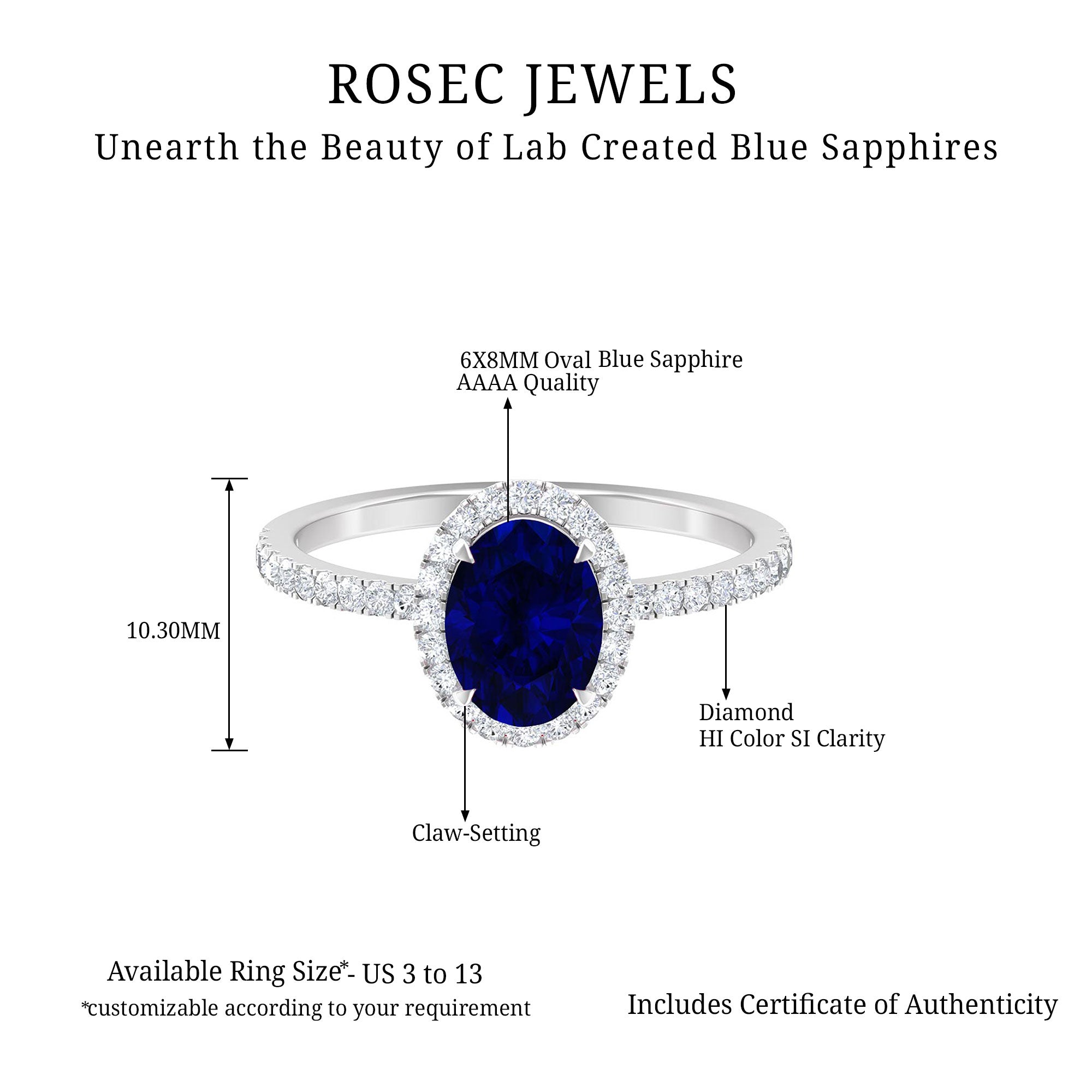 Rosec Jewels-2 CT Oval Cut Lab Created Blue Sapphire Ring with Diamond Halo and Side Stones