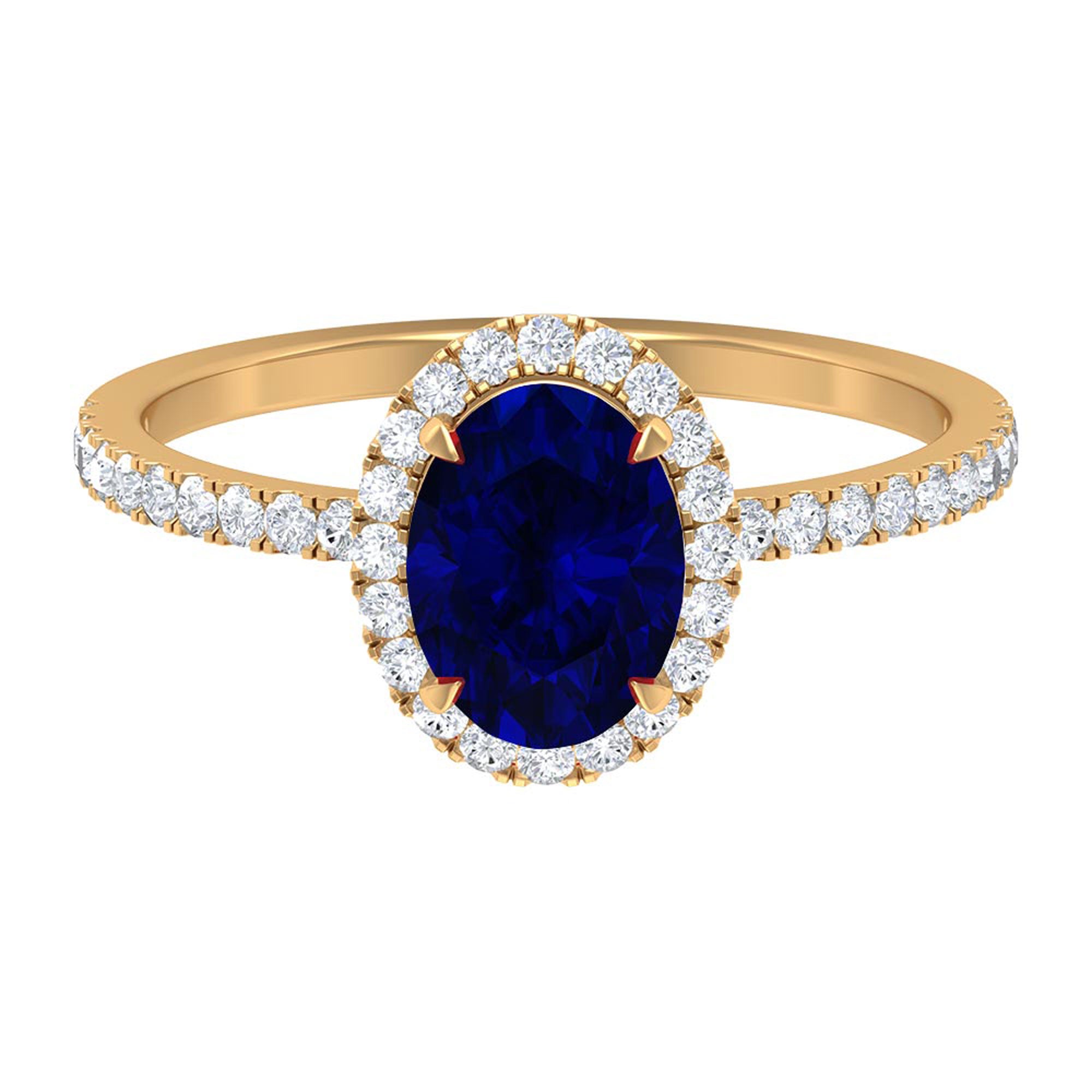 Rosec Jewels-2 CT Oval Cut Lab Created Blue Sapphire Ring with Diamond Halo and Side Stones