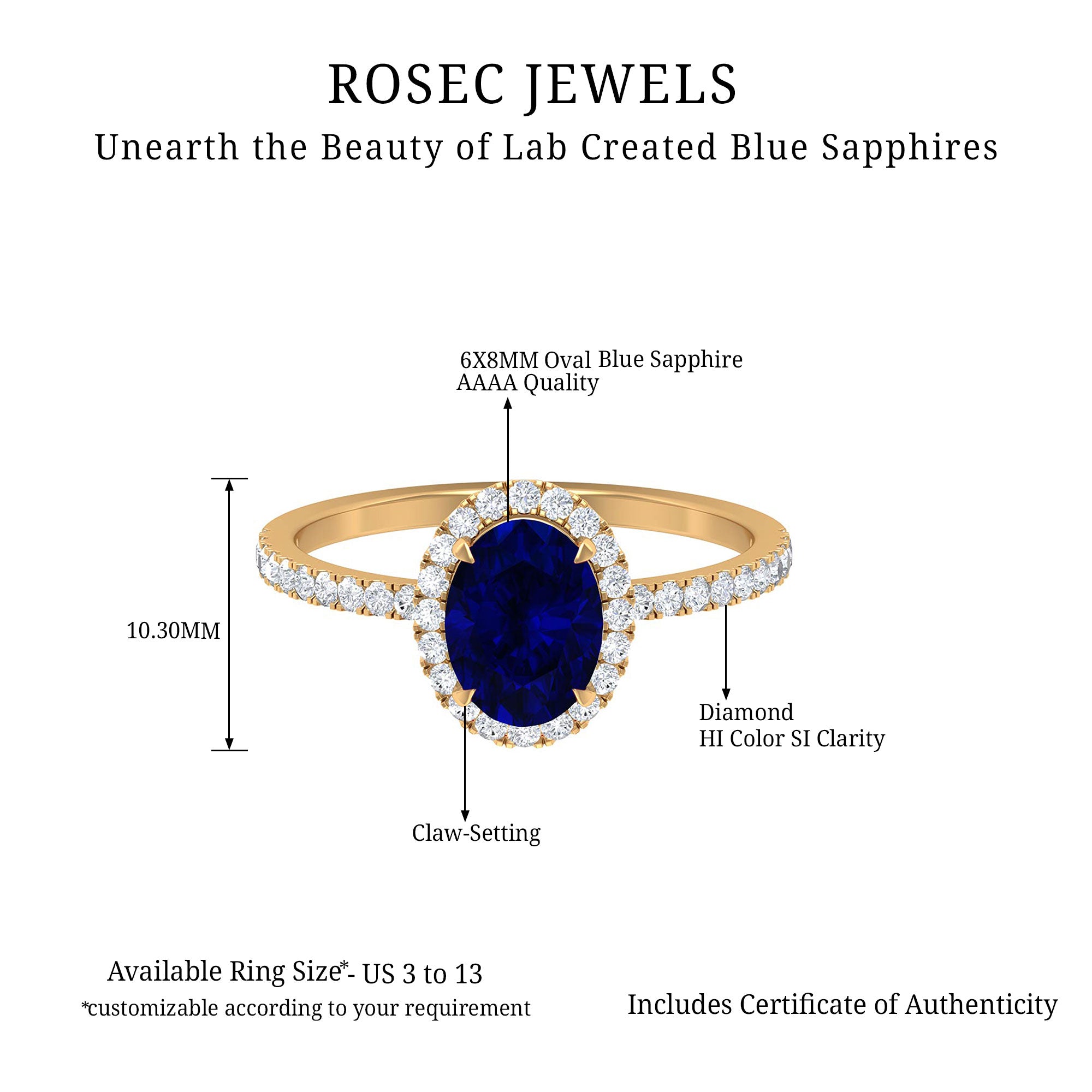 Rosec Jewels-2 CT Oval Cut Lab Created Blue Sapphire Ring with Diamond Halo and Side Stones