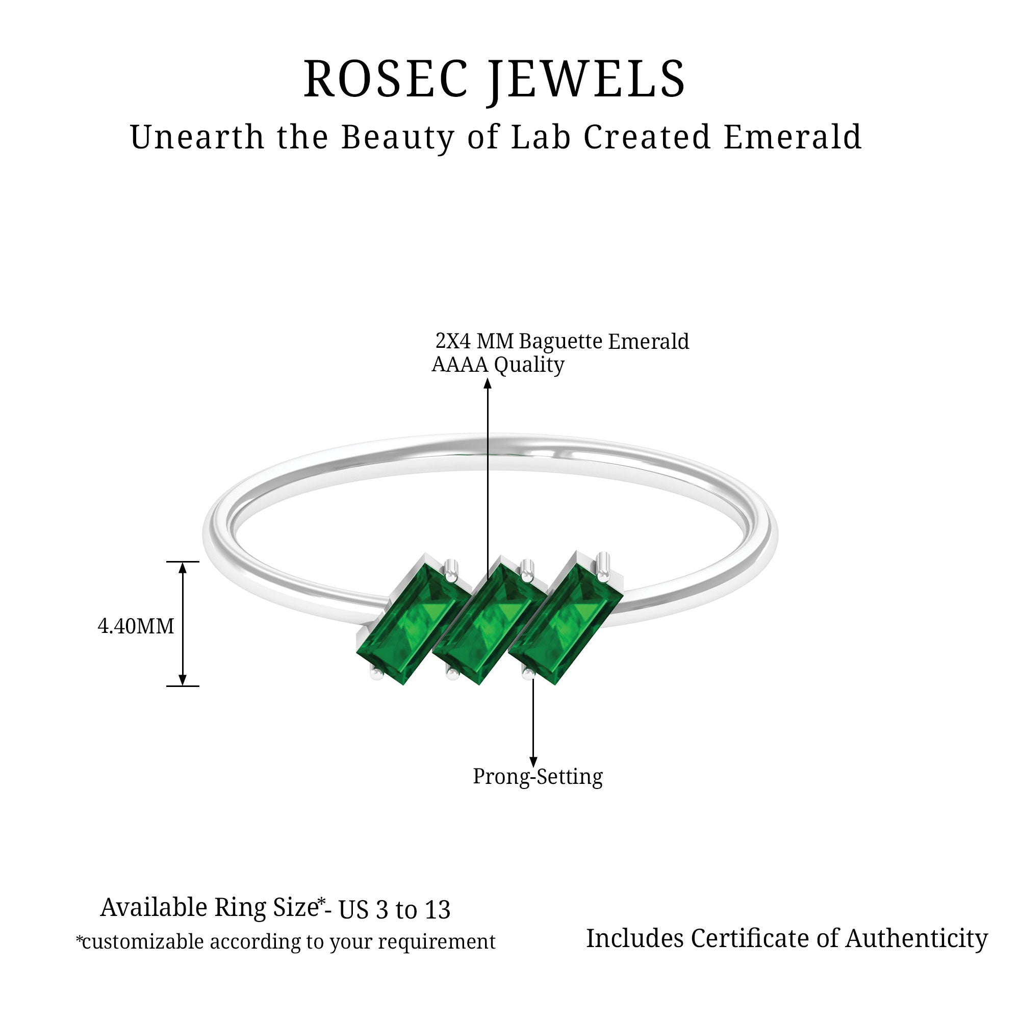 Rosec Jewels-Baguette Cut Lab Grown Emerald Three Stone Promise Ring