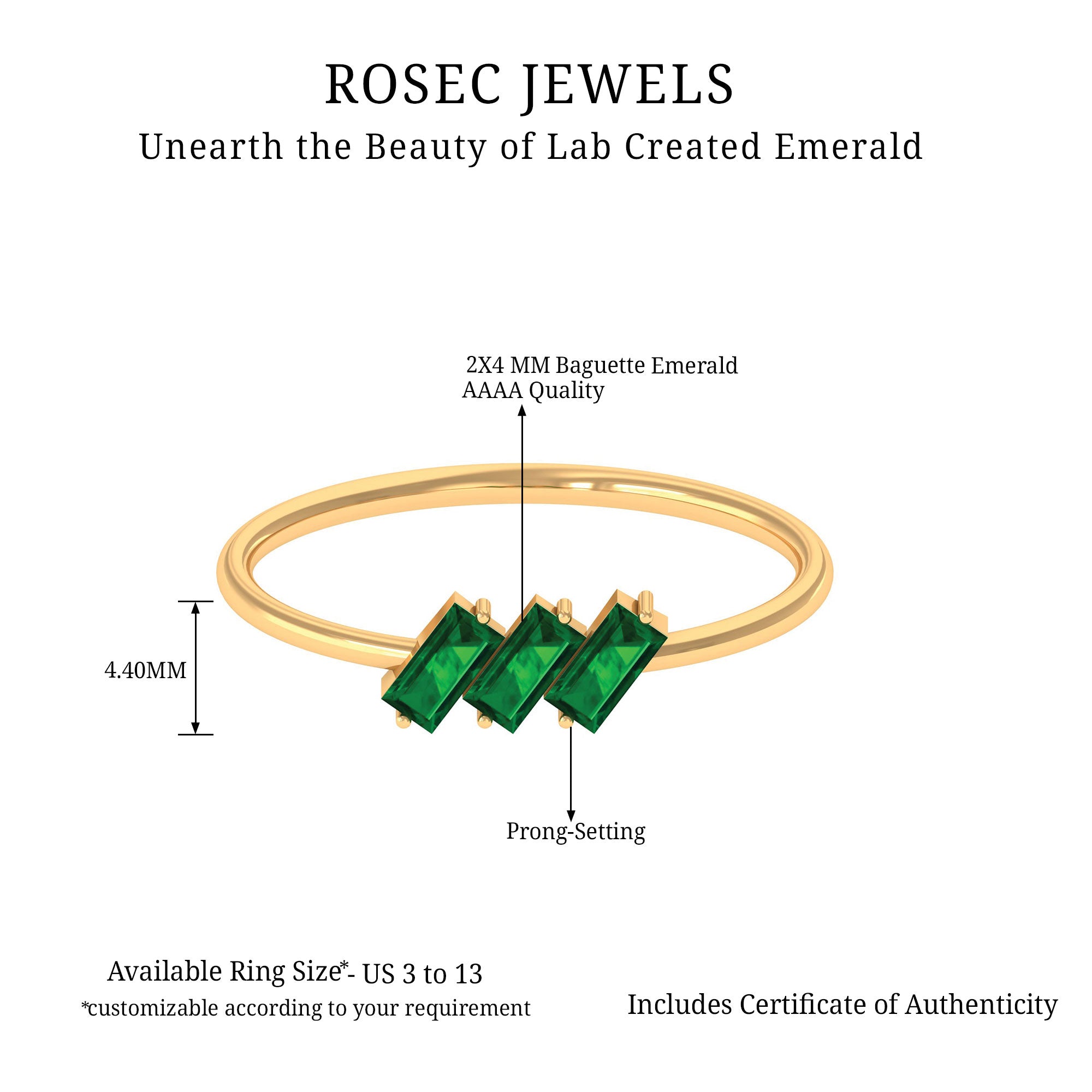 Rosec Jewels-Baguette Cut Lab Grown Emerald Three Stone Promise Ring