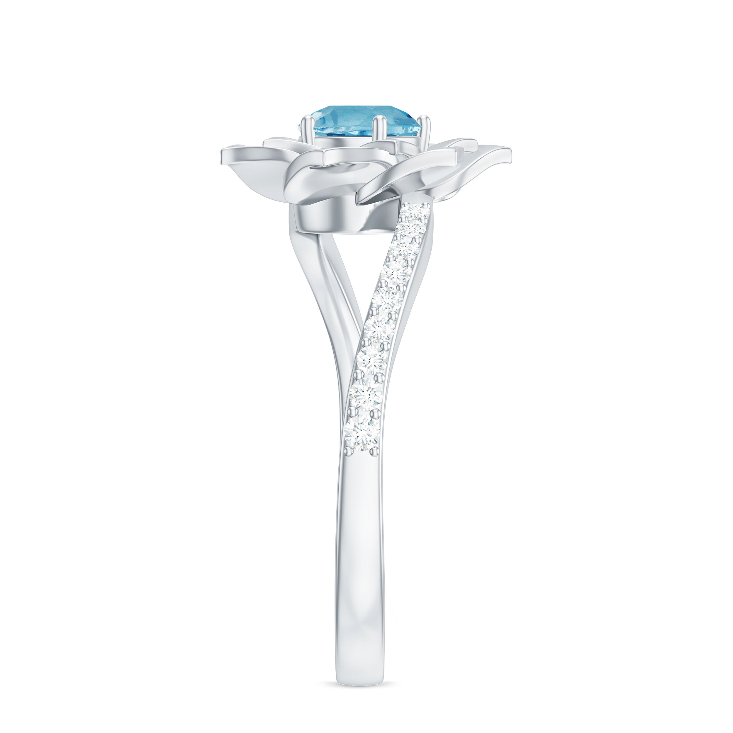 Rosec Jewels-Swiss Blue Topaz and Diamond Flower Engagement Ring with Bypass Shank