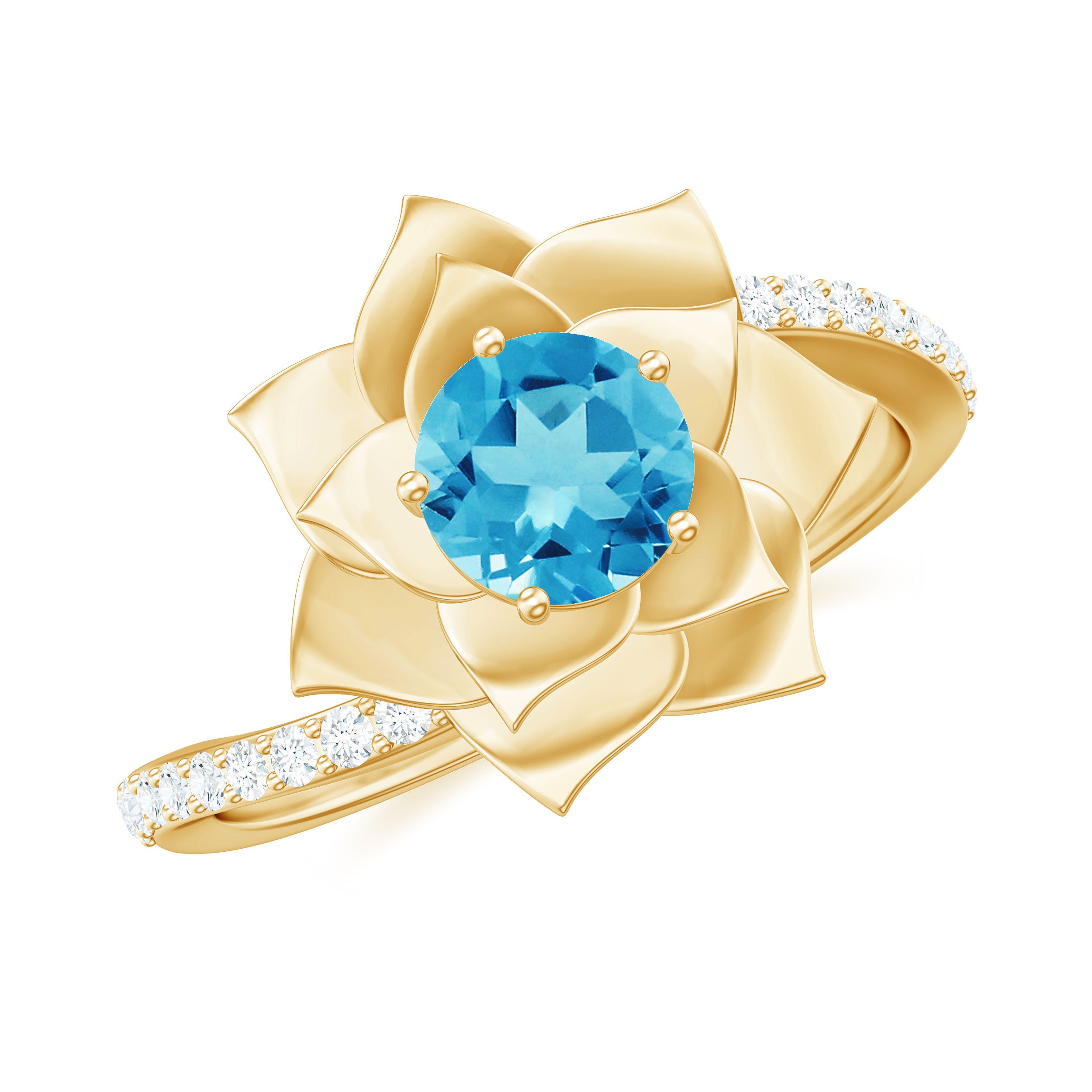 Rosec Jewels-Swiss Blue Topaz and Diamond Flower Engagement Ring with Bypass Shank