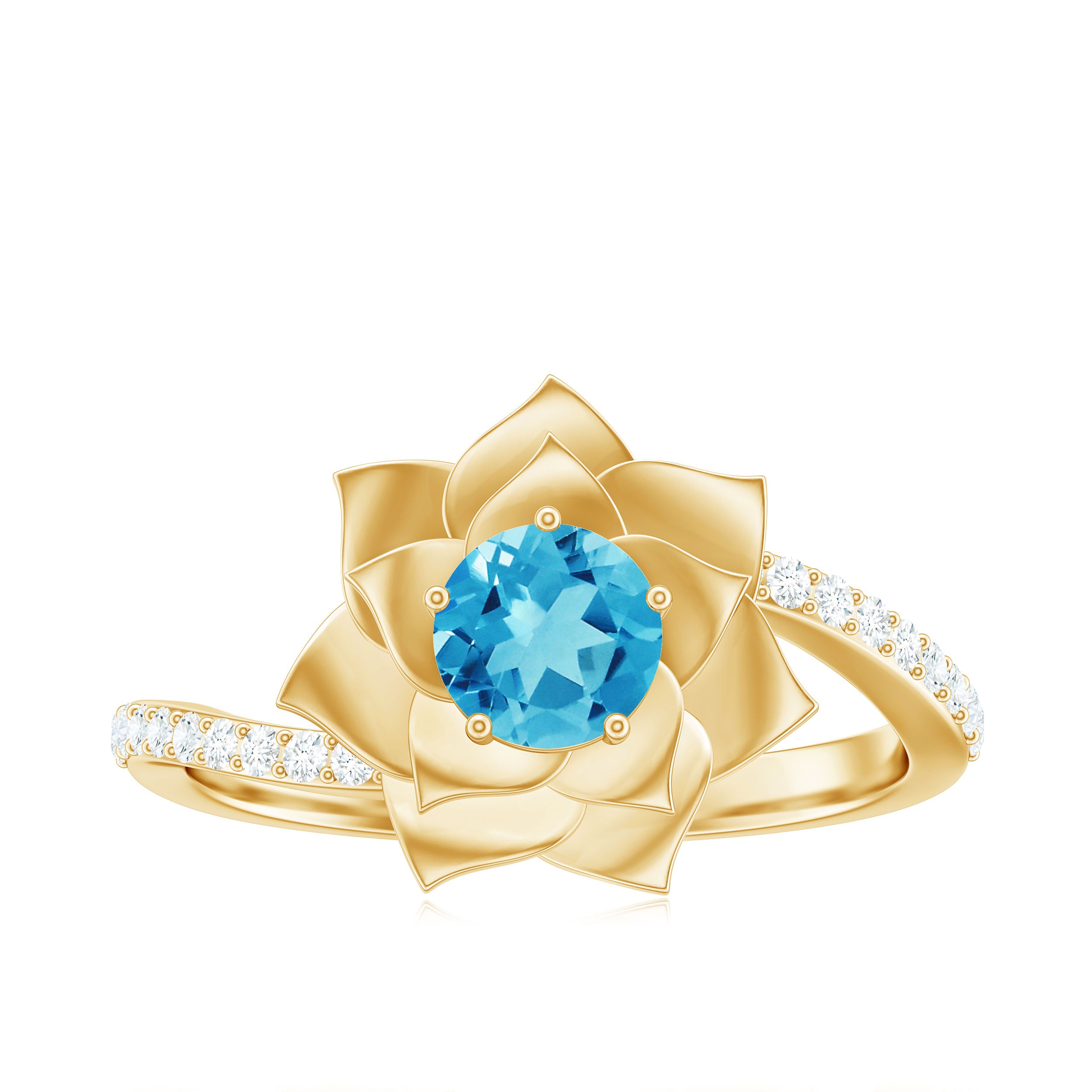 Rosec Jewels-Swiss Blue Topaz and Diamond Flower Engagement Ring with Bypass Shank