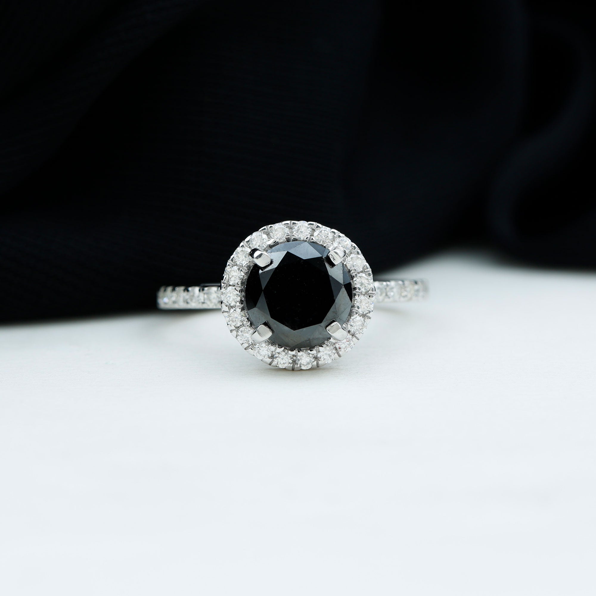 Rosec Jewels-Classic Created Black Diamond and Diamond Halo Engagement Ring