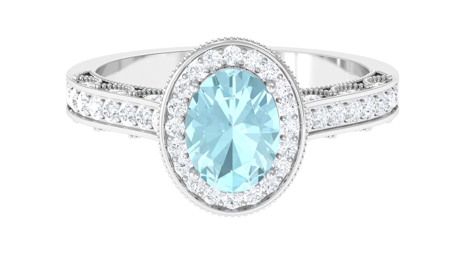 Rosec Jewels-2 CT Oval Sky Blue Topaz Vintage Engagement Ring with Moissanite Halo