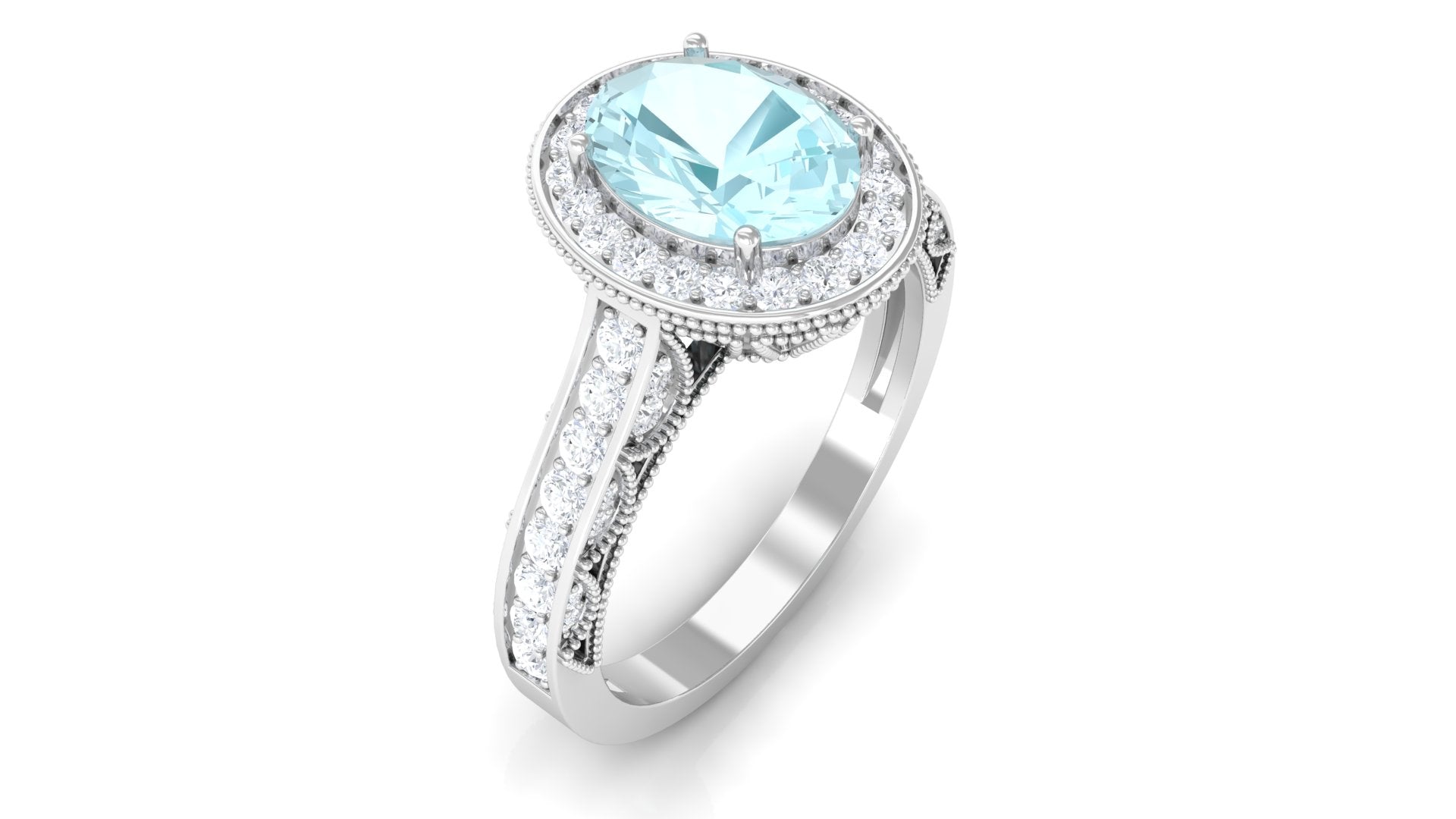 Rosec Jewels-2 CT Oval Sky Blue Topaz Vintage Engagement Ring with Moissanite Halo