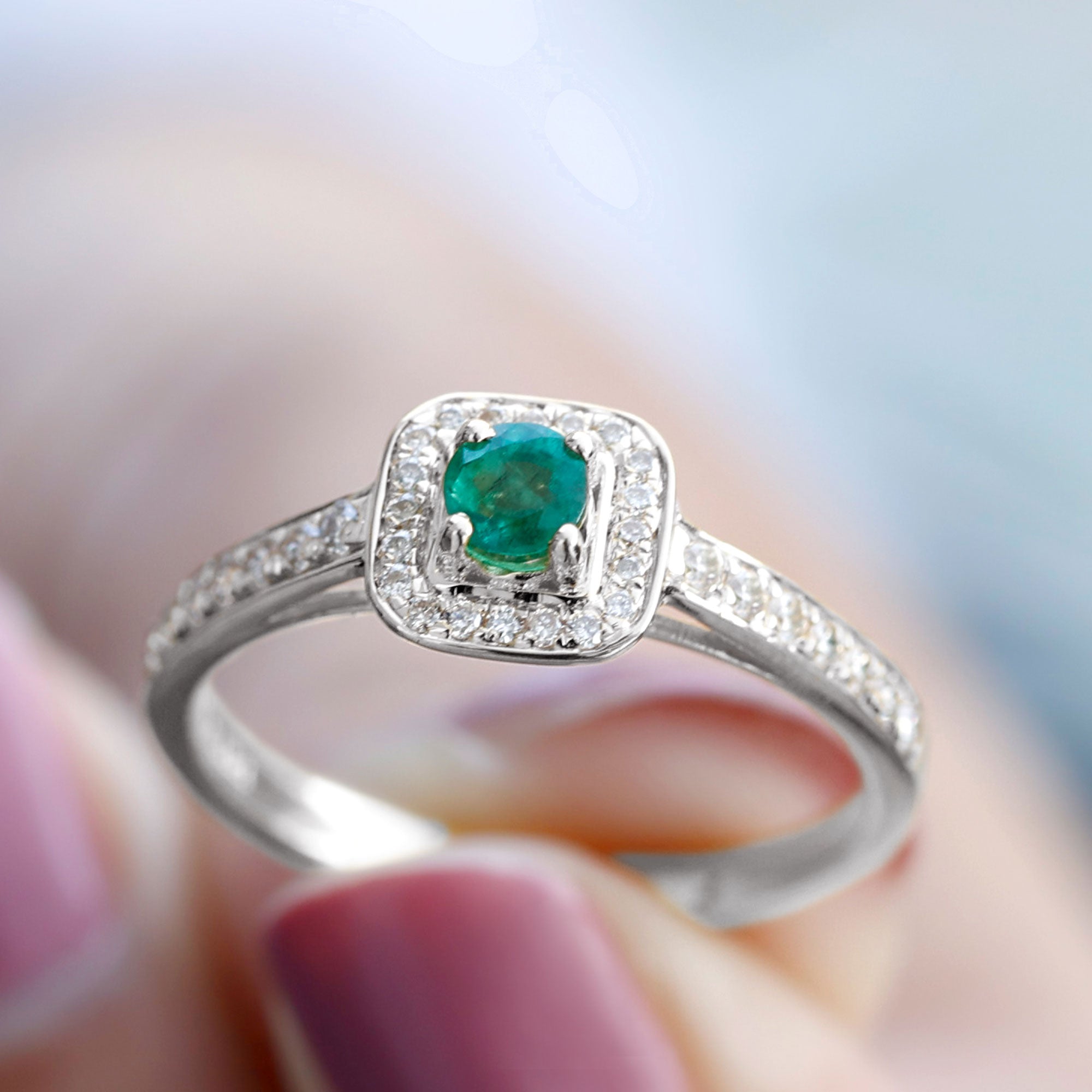 Rosec Jewels-Vintage Inspired Emerald Engagement Ring with Diamond Halo