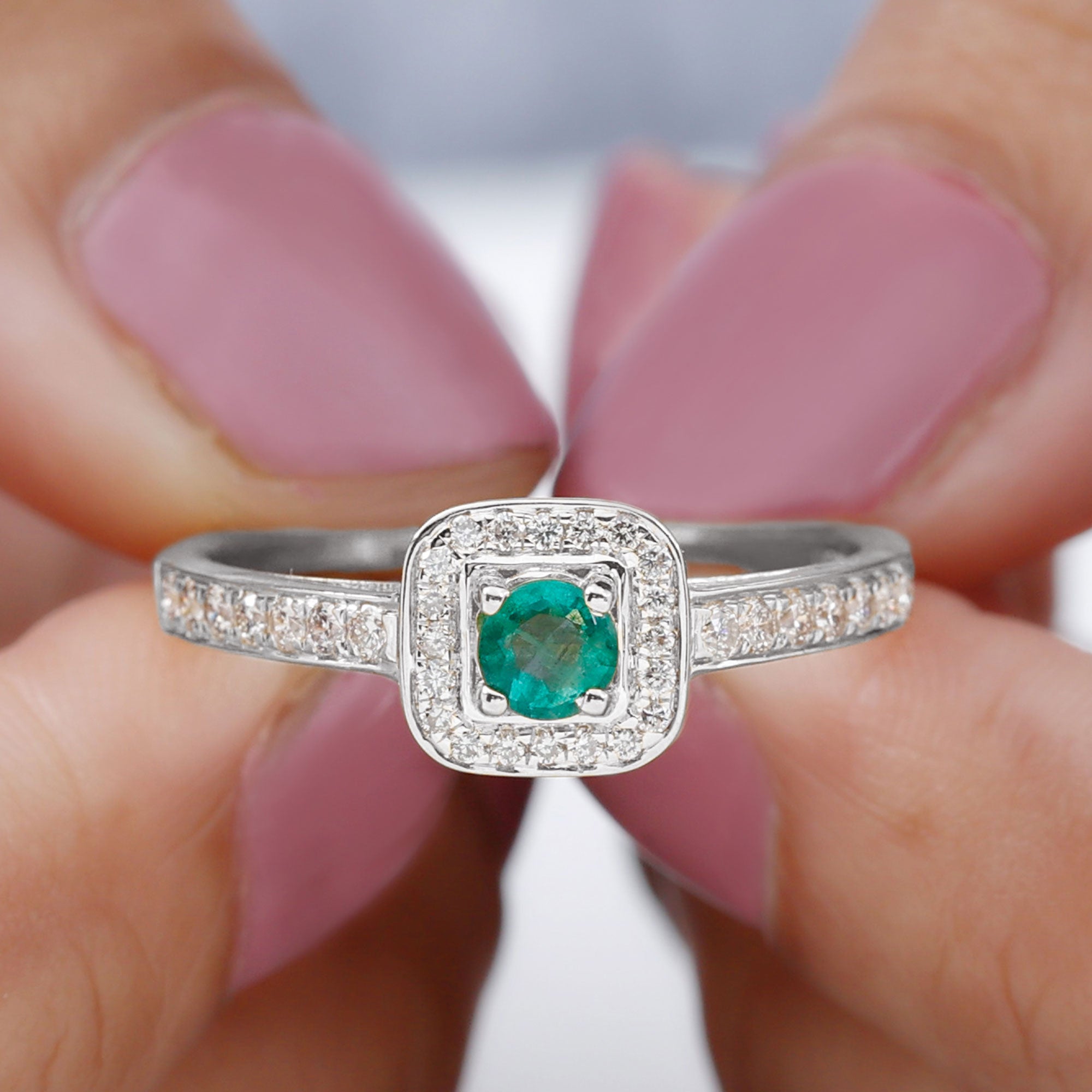 Rosec Jewels-Vintage Inspired Emerald Engagement Ring with Diamond Halo