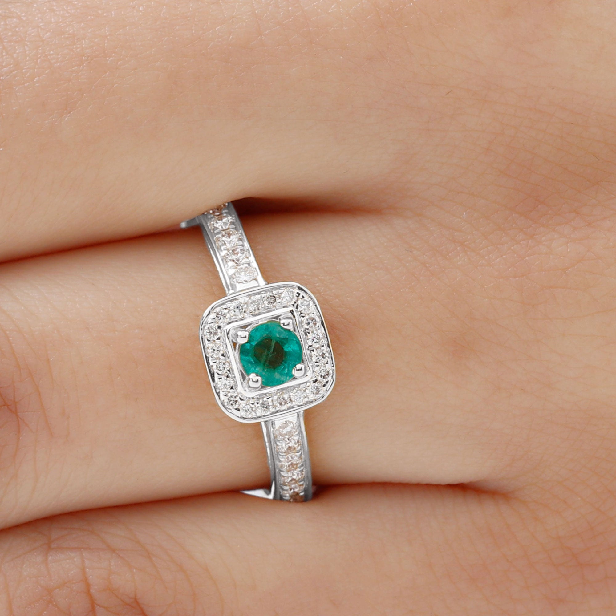 Rosec Jewels-Vintage Inspired Emerald Engagement Ring with Diamond Halo