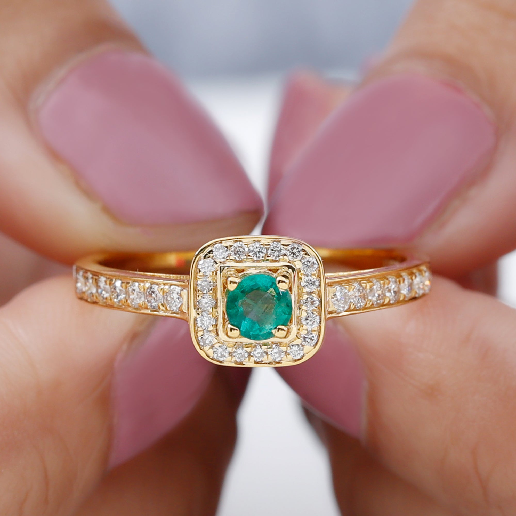 Rosec Jewels-Vintage Inspired Emerald Engagement Ring with Diamond Halo