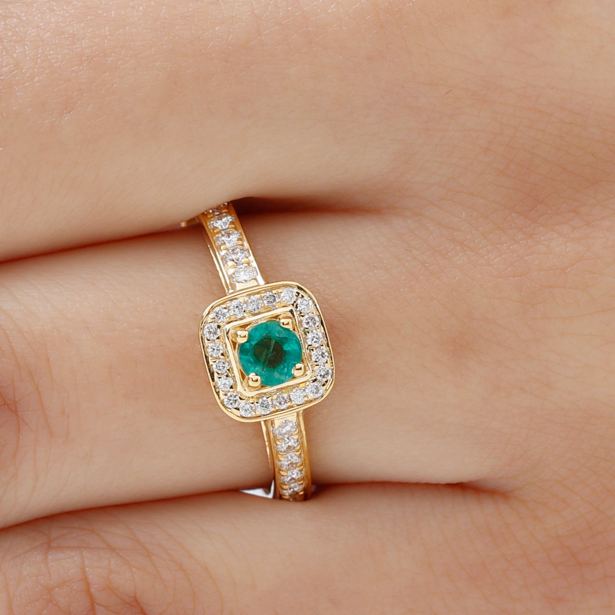 Rosec Jewels-Vintage Inspired Emerald Engagement Ring with Diamond Halo