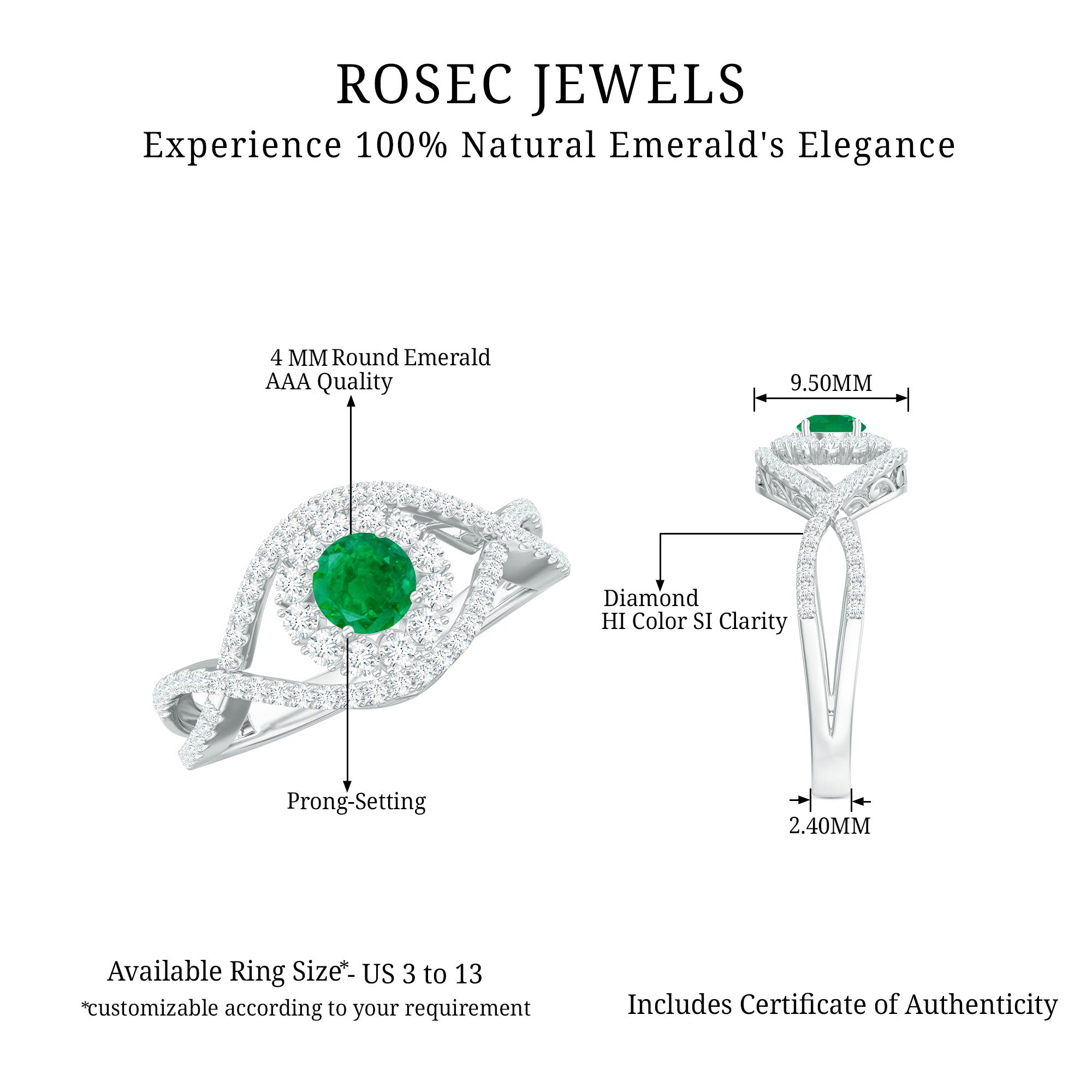 Rosec Jewels-1 CT Emerald Designer Engagement Ring with Diamond Accent