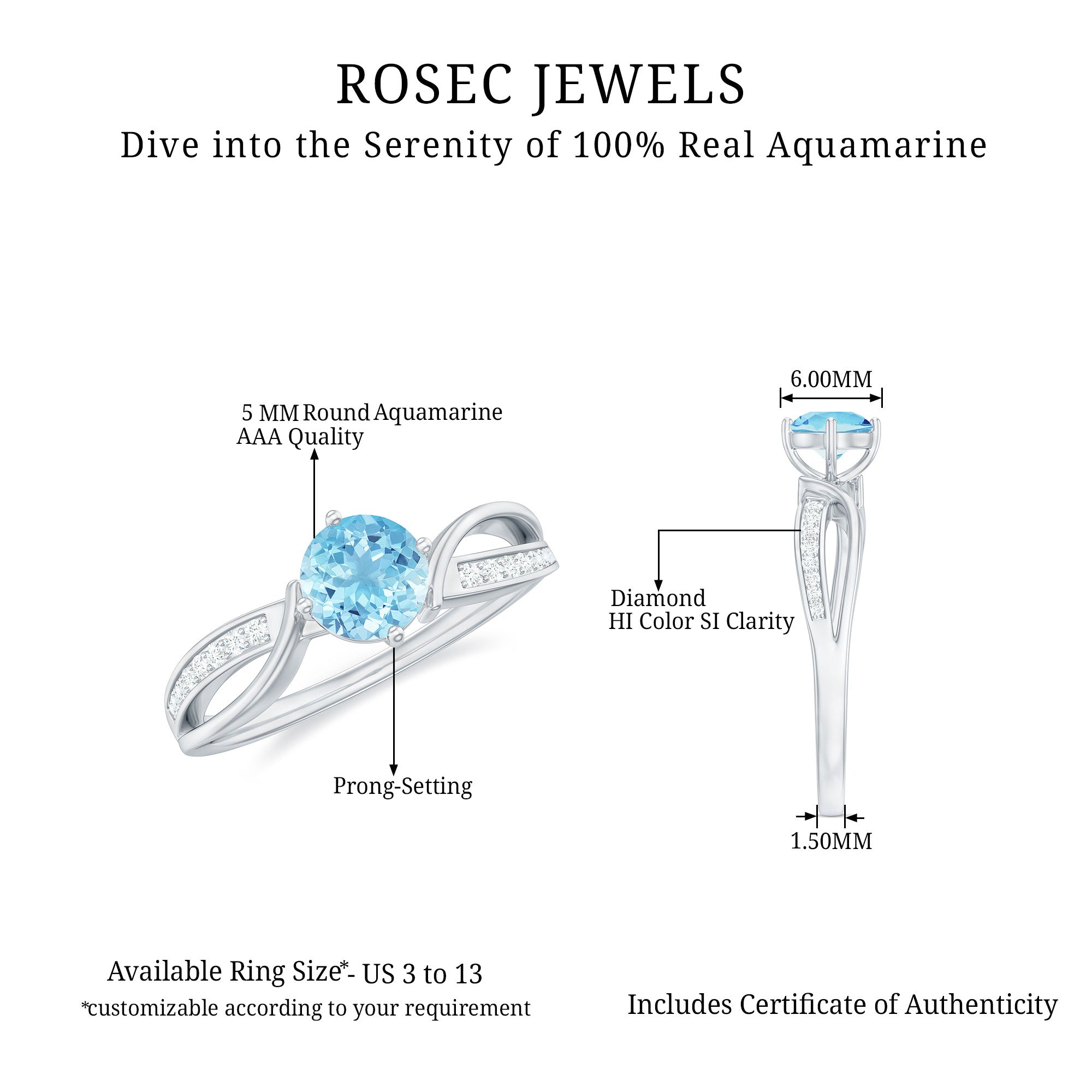 Rosec Jewels-1/2 CT Two Tone Solitaire Infinity Ring with Aquamarine and Diamond